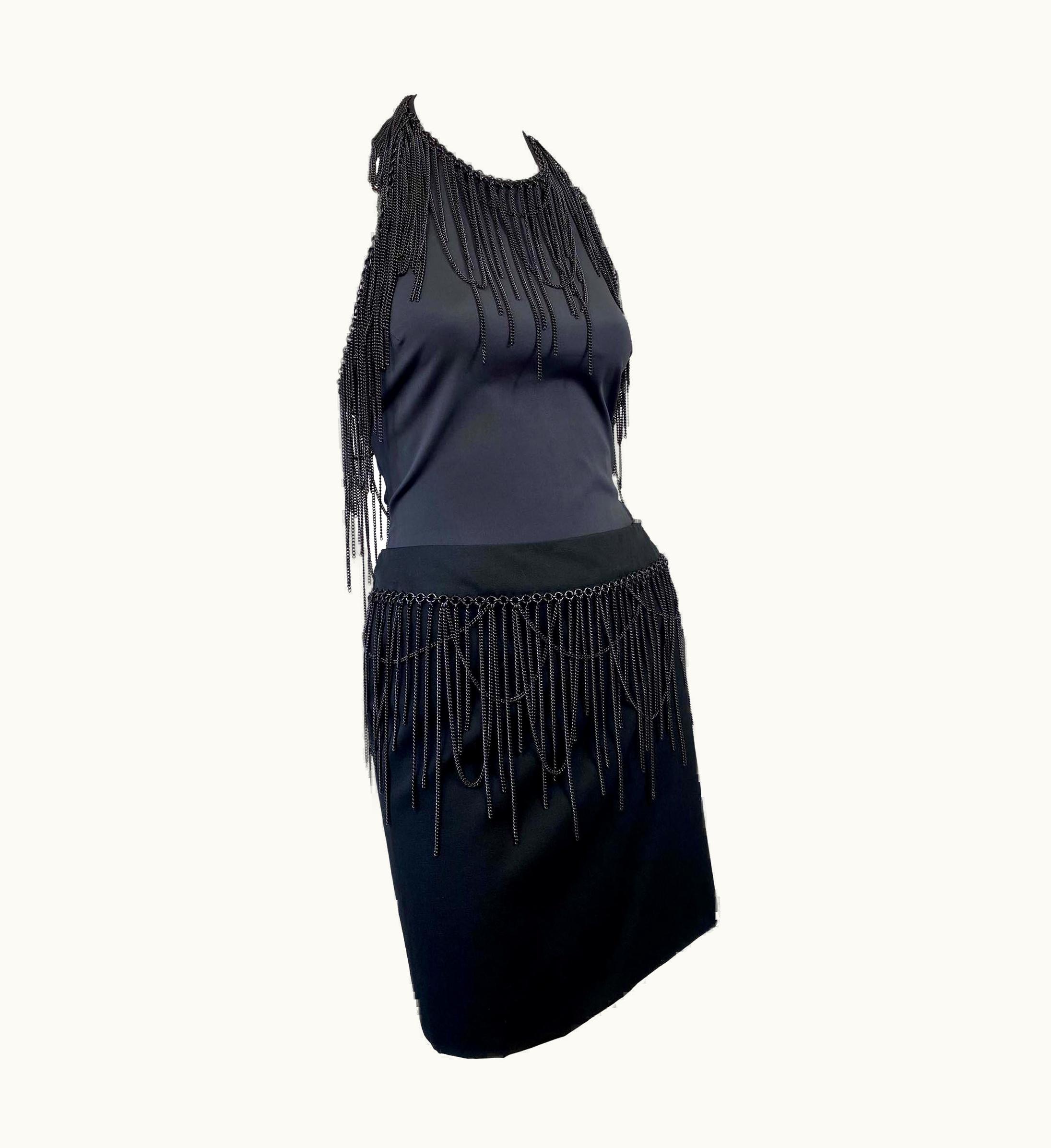 Versace AW 2003 Versace By Donatella Black Halter Top Fringe Chain Skirt Set