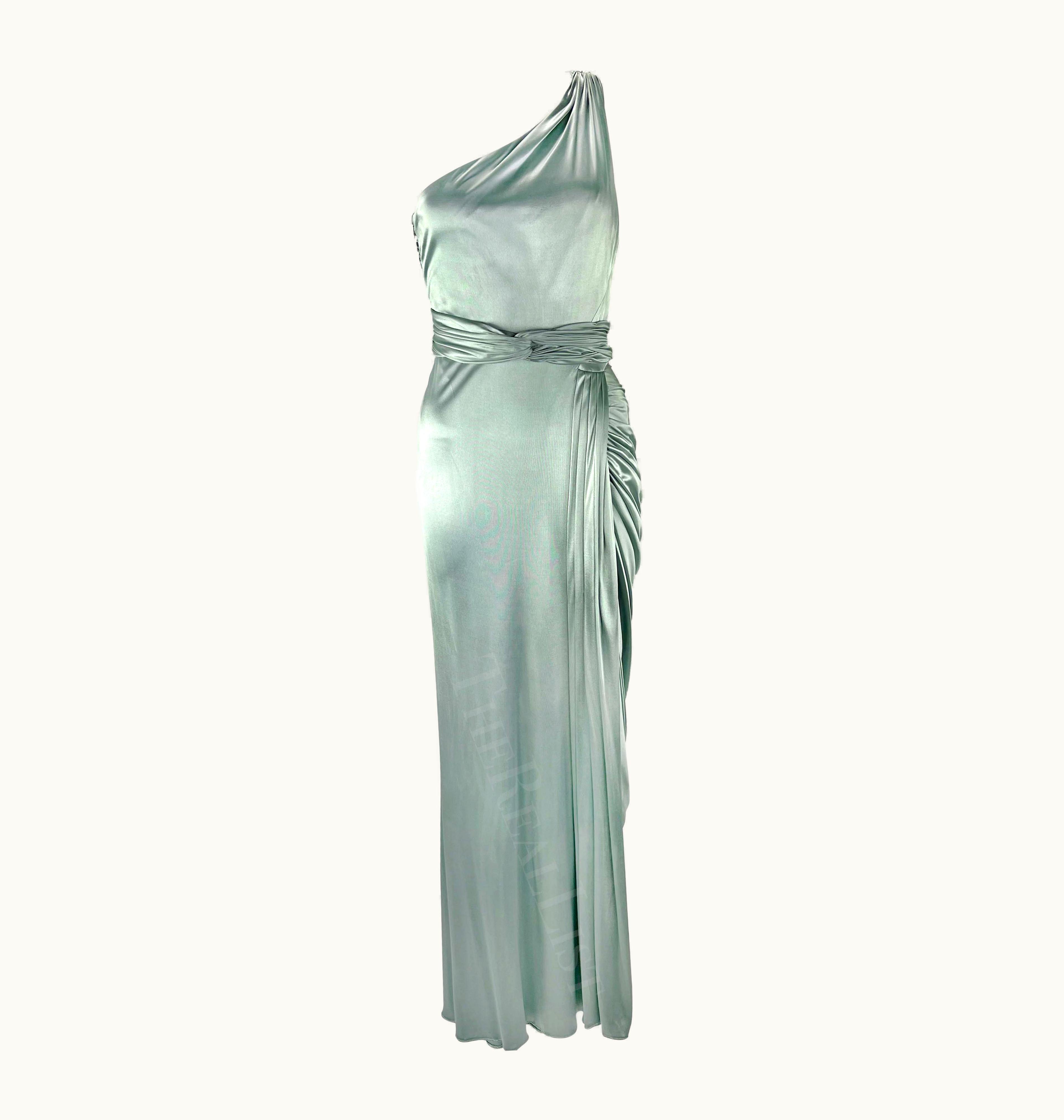 Versace AW 2006 Versace By Donatella Runway Ad Ruched Light Blue Stretch Slit Gown