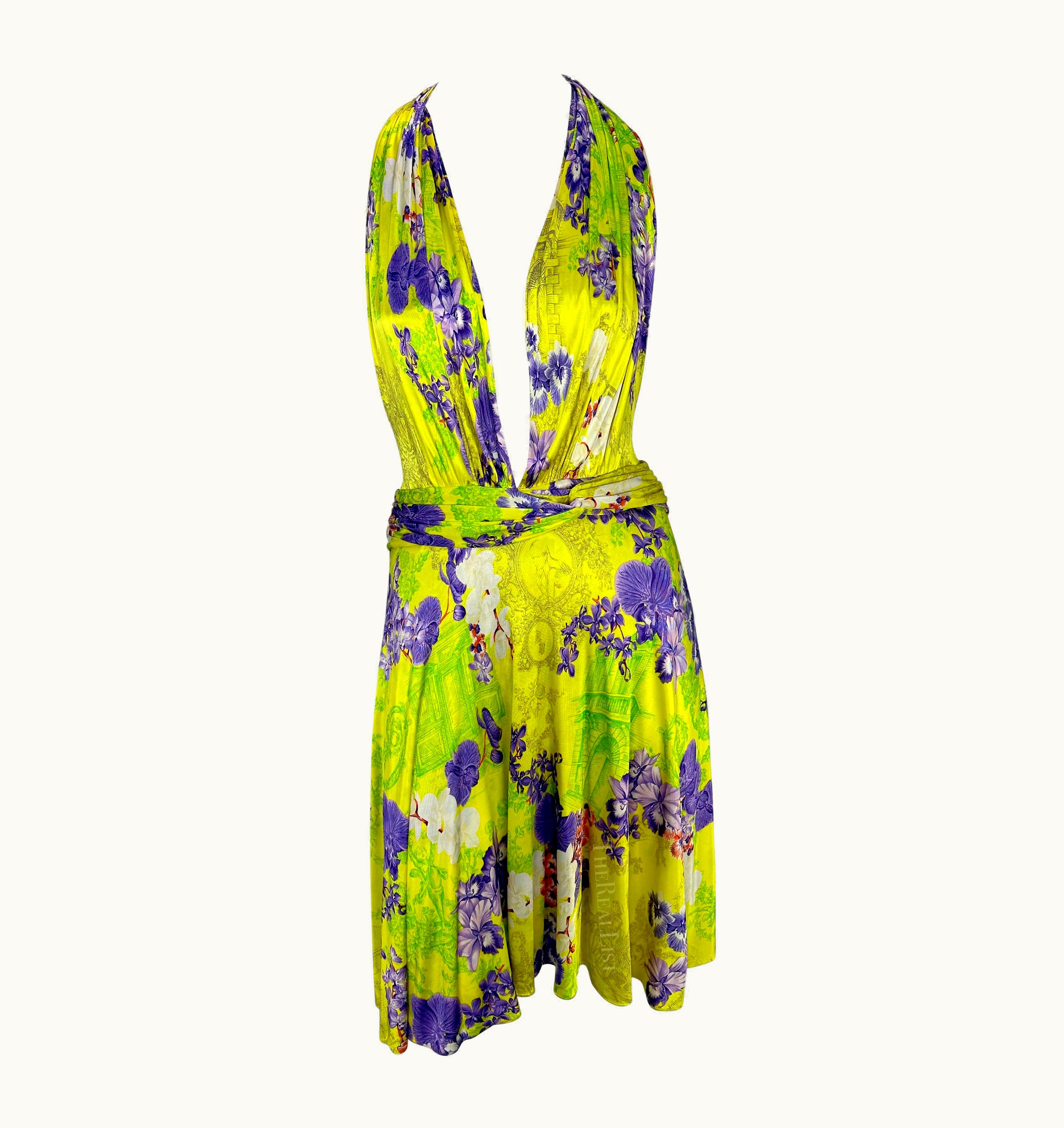Versace S/S 2004 Versace By Donatella Neon Yellow Purple Orchid Toile Print Runway Dress