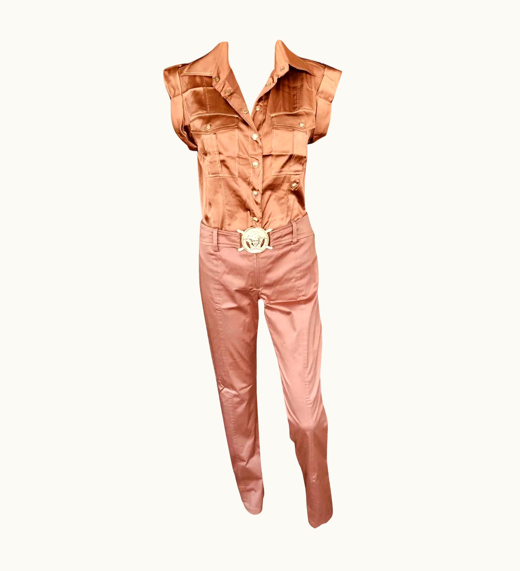 Versace Versace S/S 2005 Runway Blouse Shirt Top & Medusa Logo Belted Pants 2 Piece Set