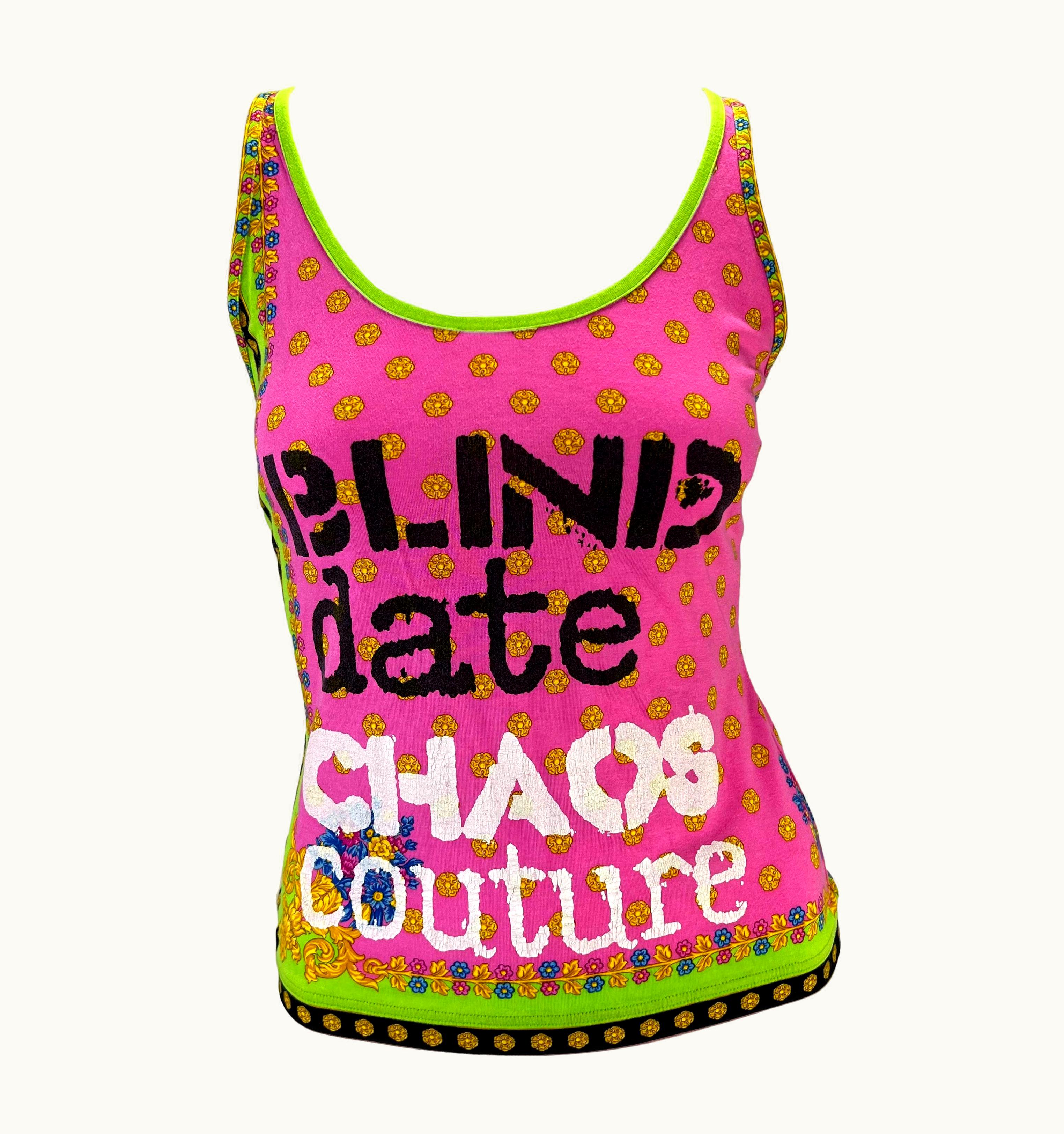 Versace S/S 2005 Versace By Donatella Chaos Couture Print Pink Stretch Racer Tank Top