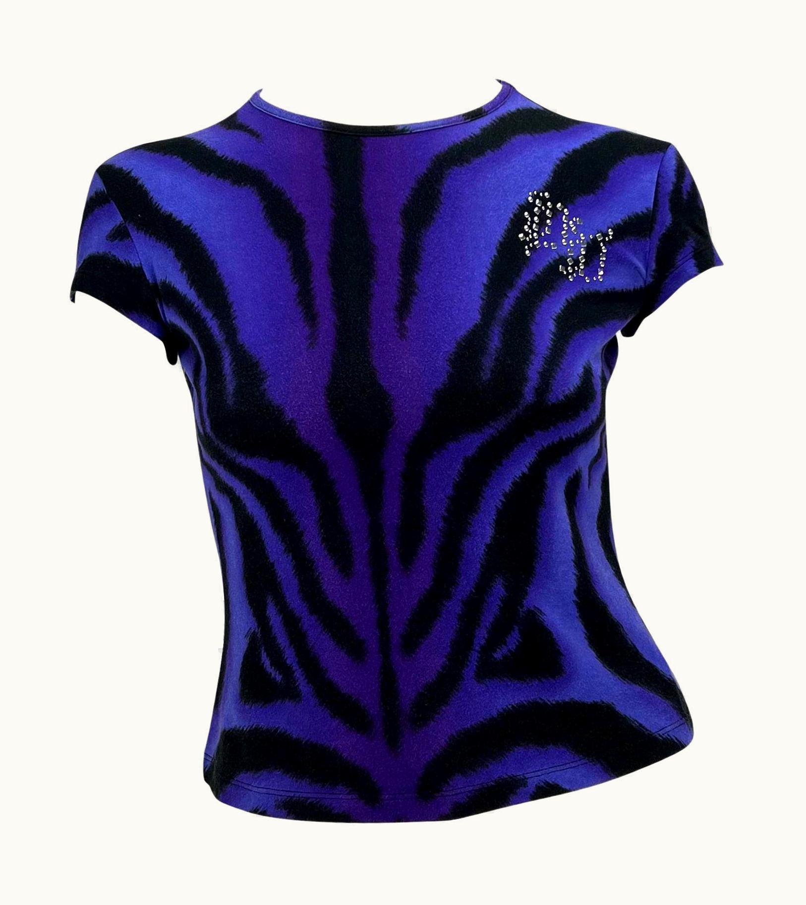 Versace AW 2004 Versace By Donatella Purple Tiger Dv Logo Stud T-Shirt Y2k