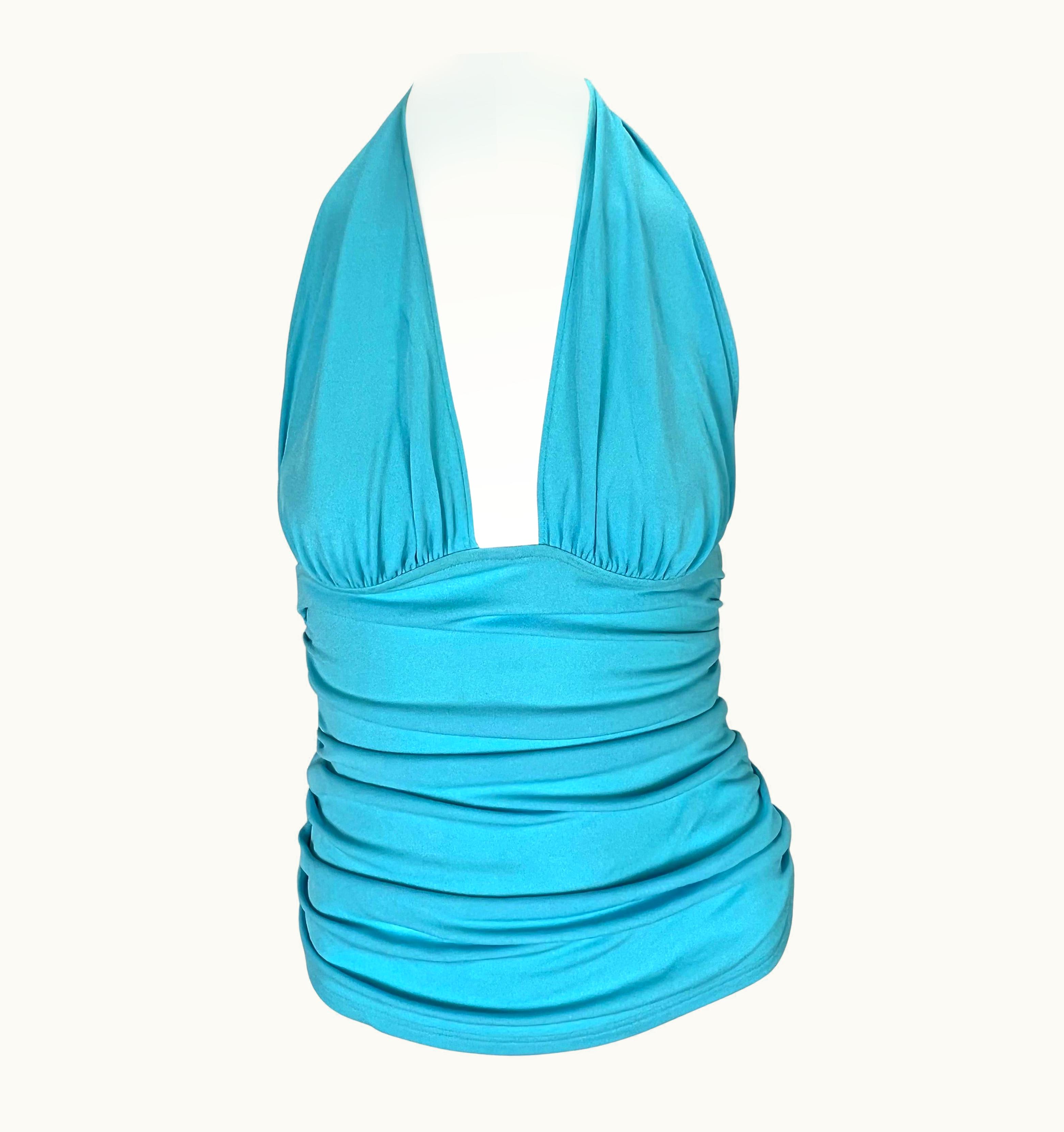 Versace S/S 2004 Versace By Donatella Teal Blue Ruched Halter Neck Stretch Crop Top