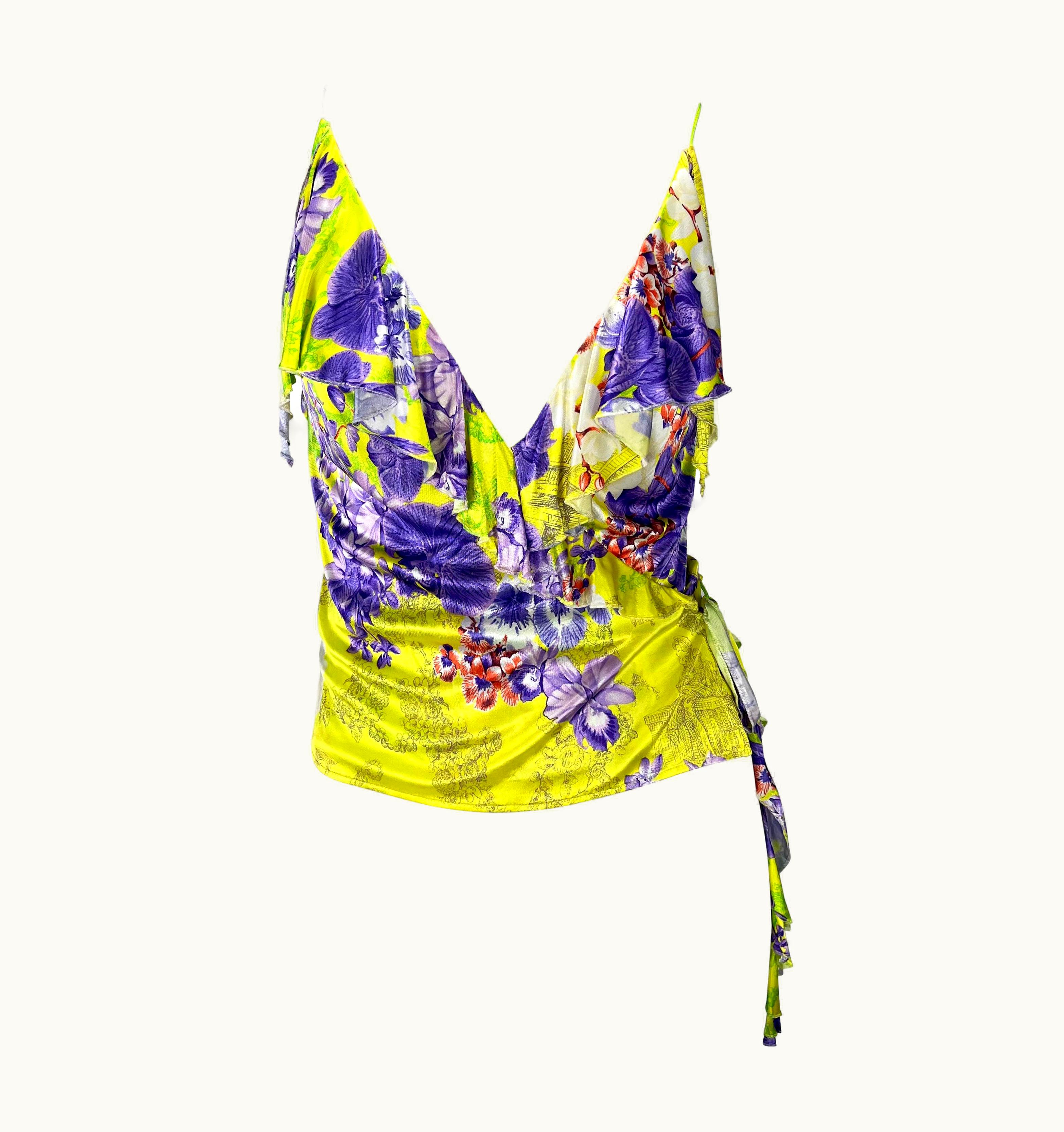 Versace S/S 2004 Versace By Donatella Neon Toile Orchid Print Ruffle Viscose Wrap Tank