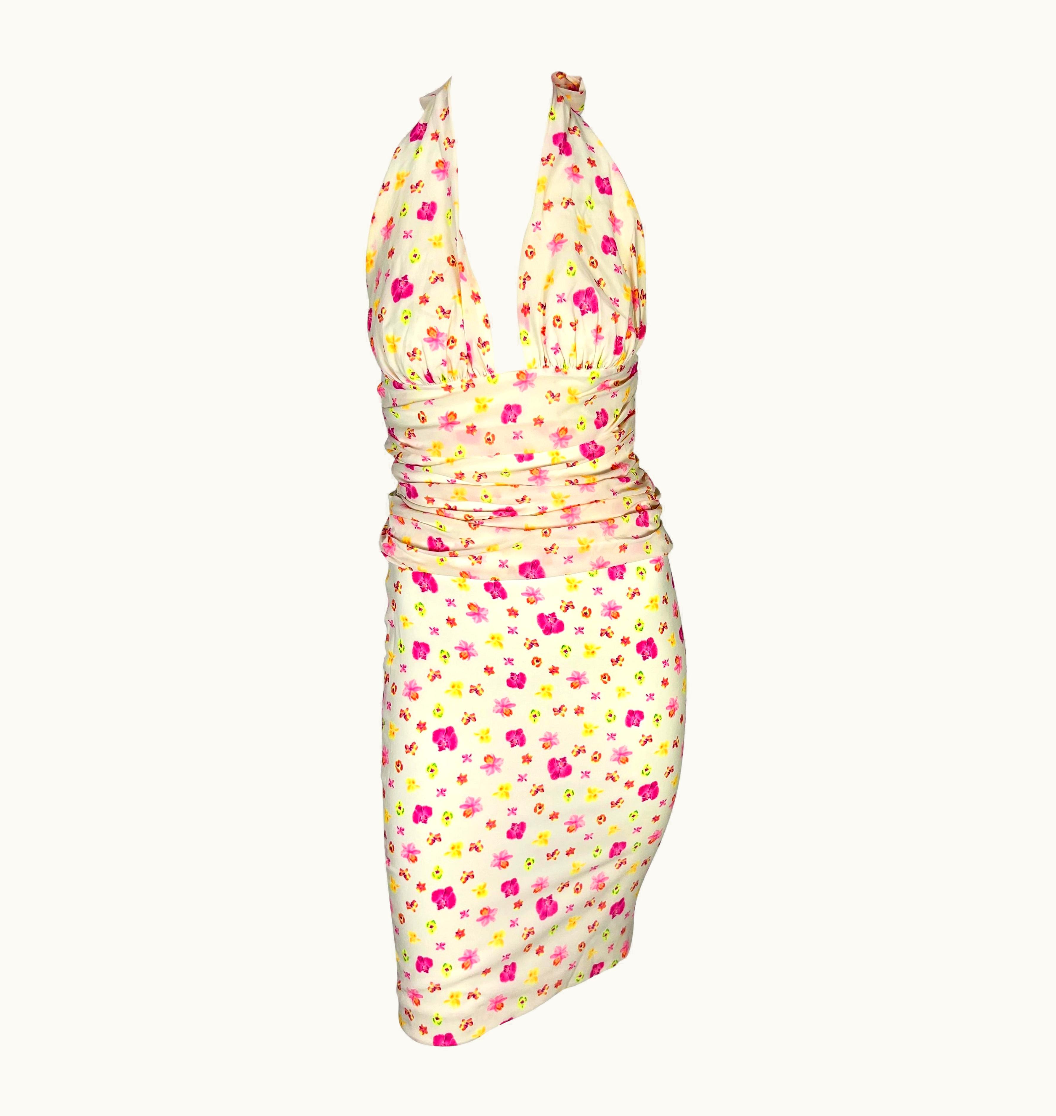 Versace S/S 2004 Versace By Donatella Neon Pink Yellow Orchid Floral Print Skirt Suit