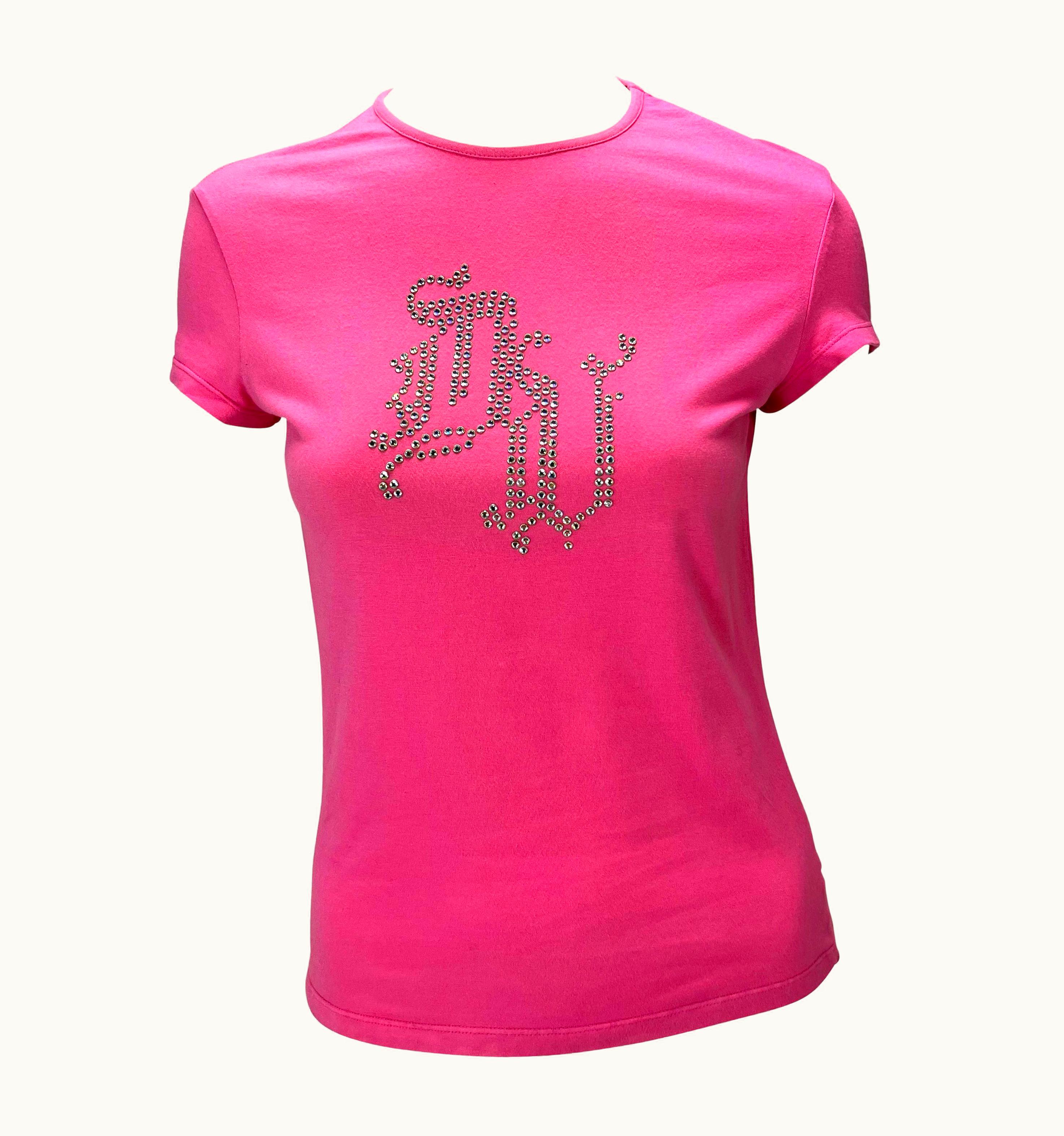 Versace S/S 2004 Versace By Donatella Pink Rhinestone 'dv' Monogram Stretch T-Shirt Y2k