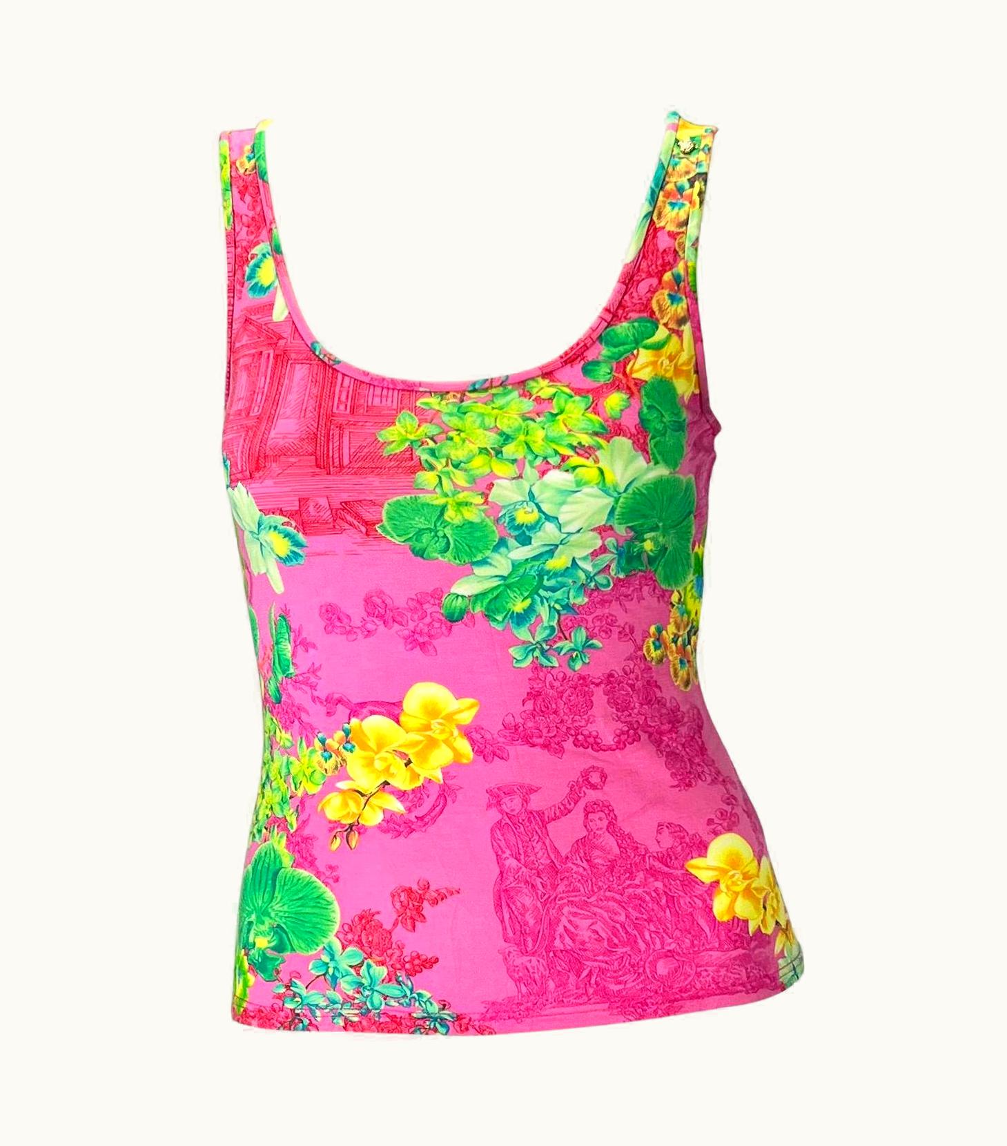 Versace S/S 2004 Versace By Donatella Neon Pink Orchid Print Stretch Viscose Tank Top
