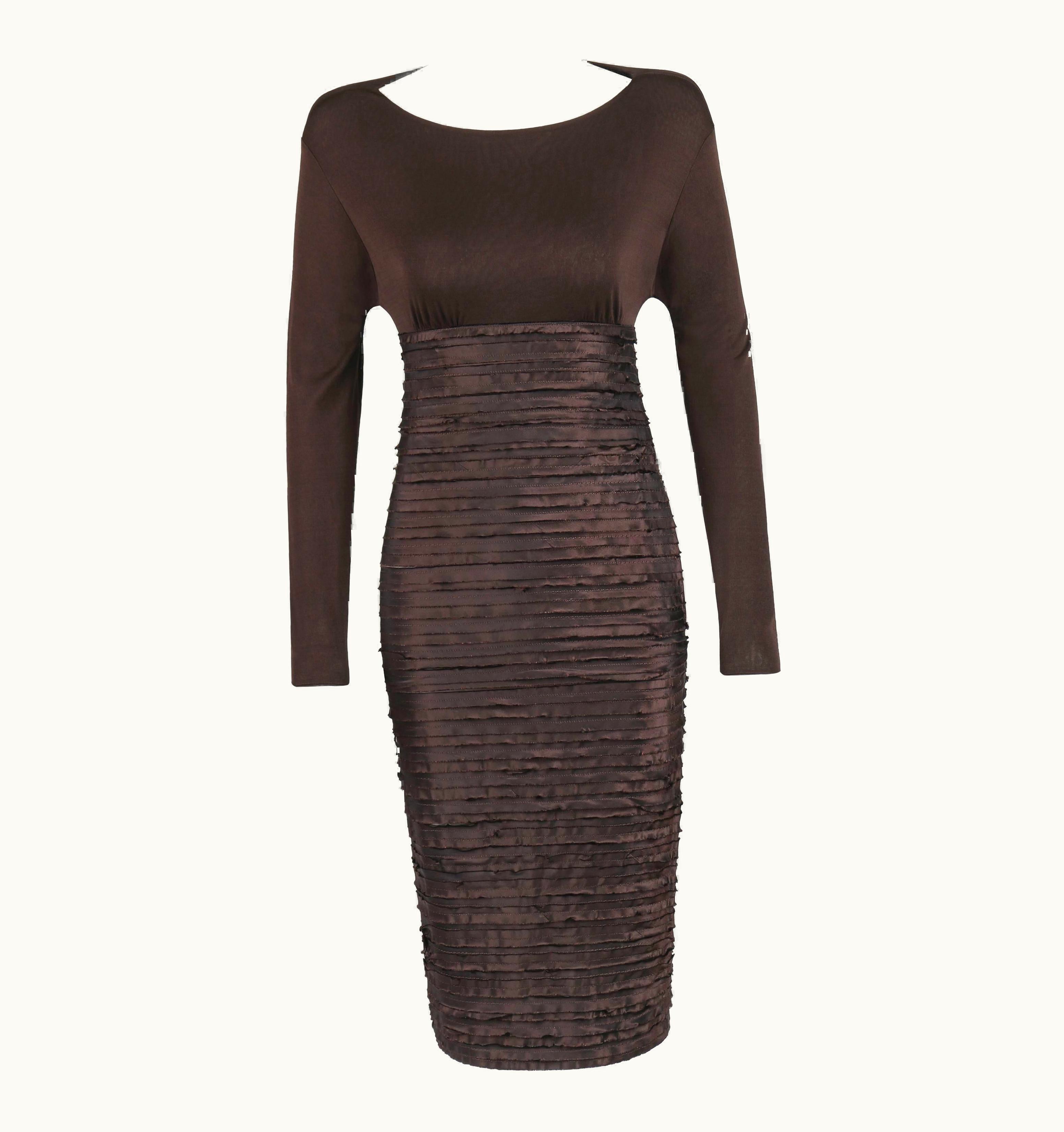 Versace Versace AW 2005 Brown Empire Waist Raw Edge Layered Open Back Cocktail Dress