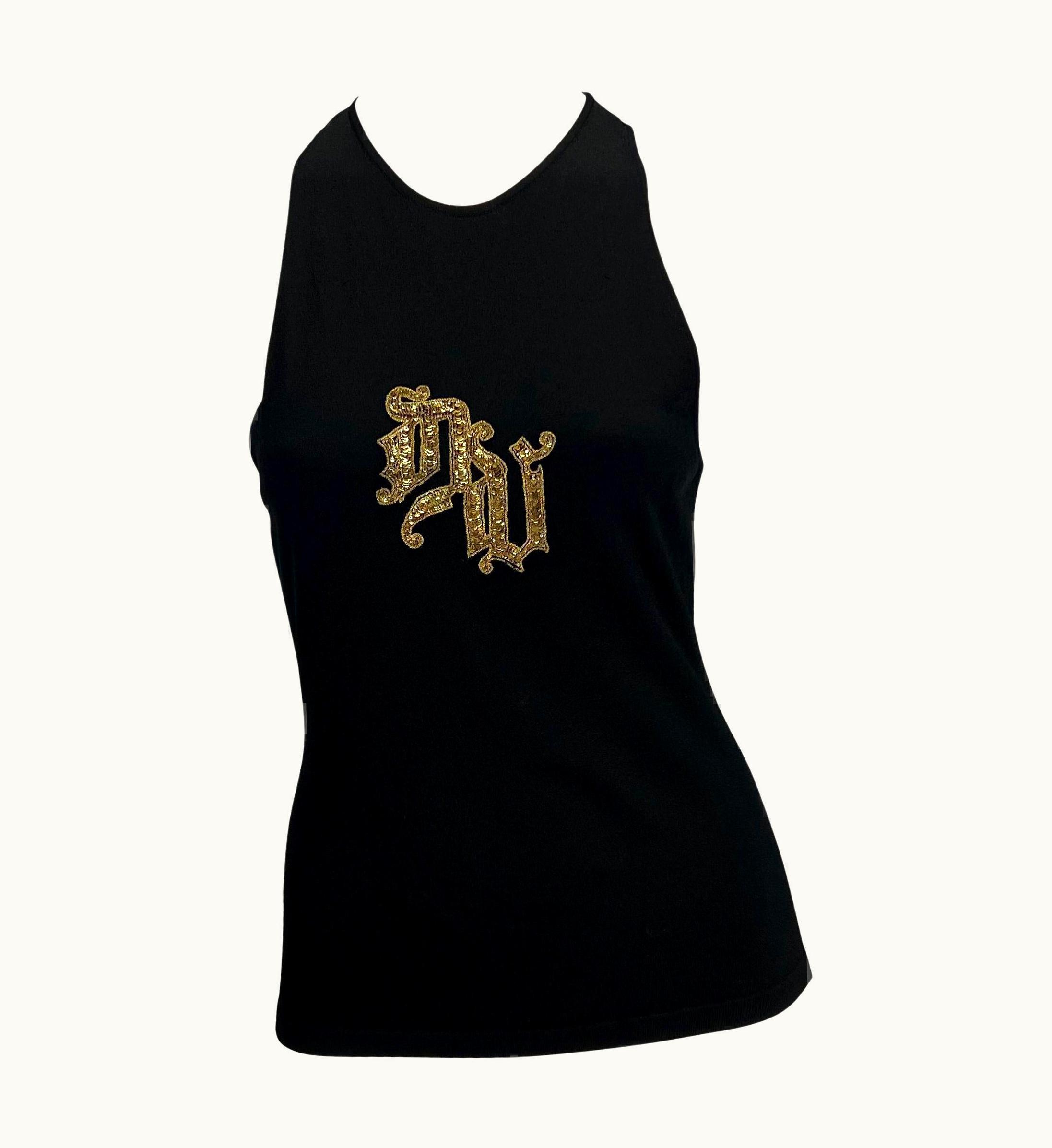 Versace 2000s Versace By Donatella Gold Sequin Dv Logo Black Stretch Racerback Top Y2k
