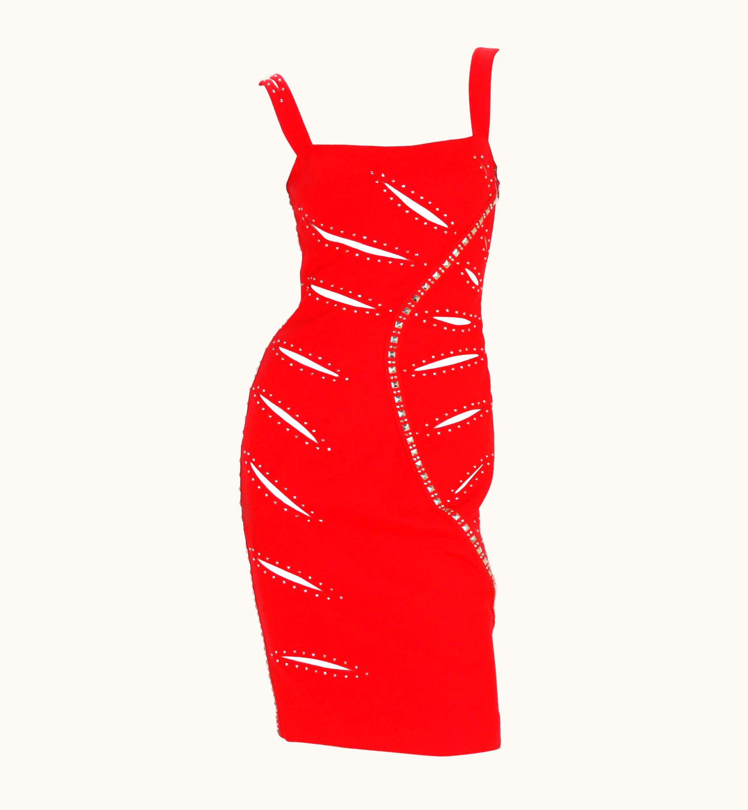 Versace Versace AW 2004 Runway Red Sheer Mesh Cut Out Studded Cocktail Dress It