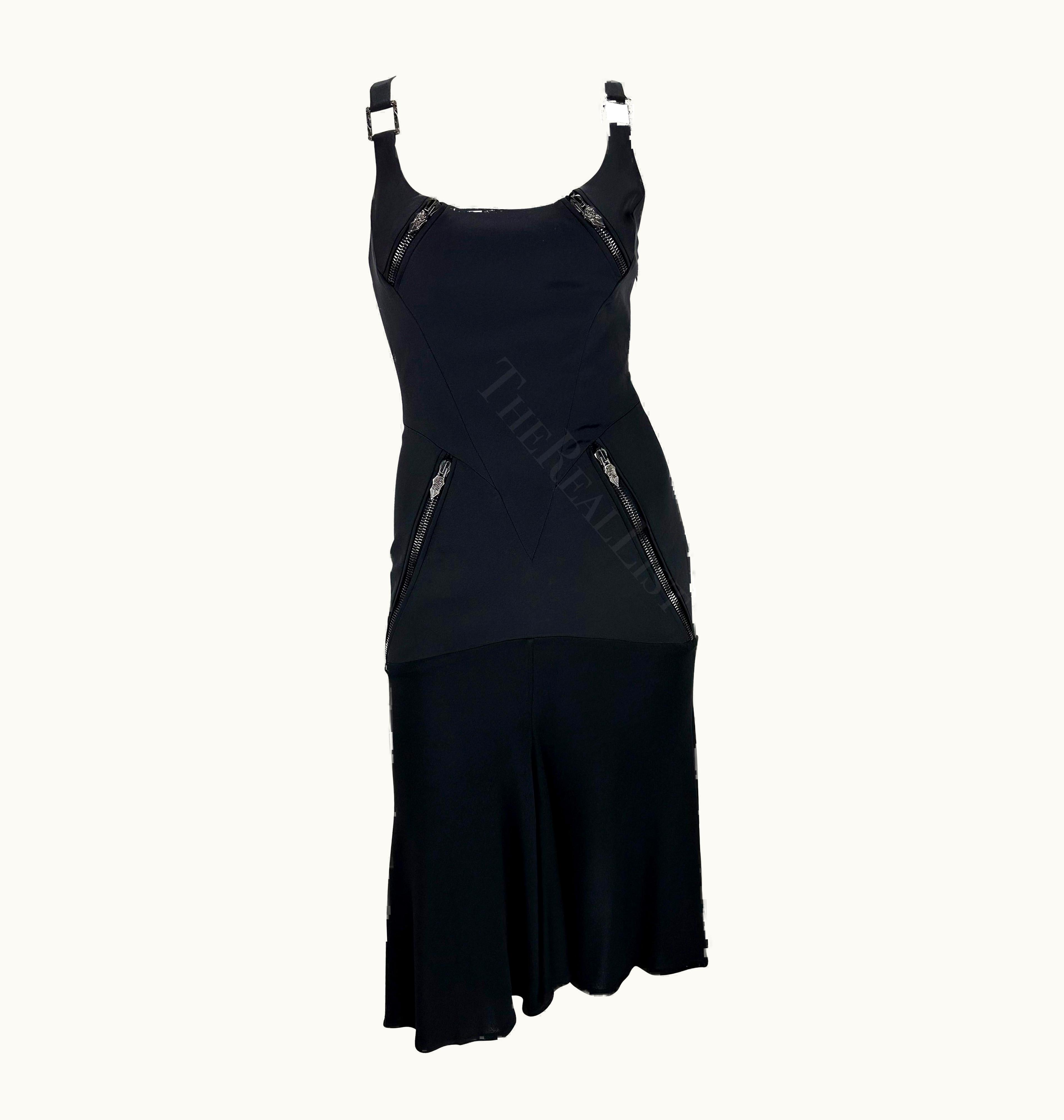 Versace AW 2003 Versace By Donatella Runway Black Zipper Strap Flare Runway Dress