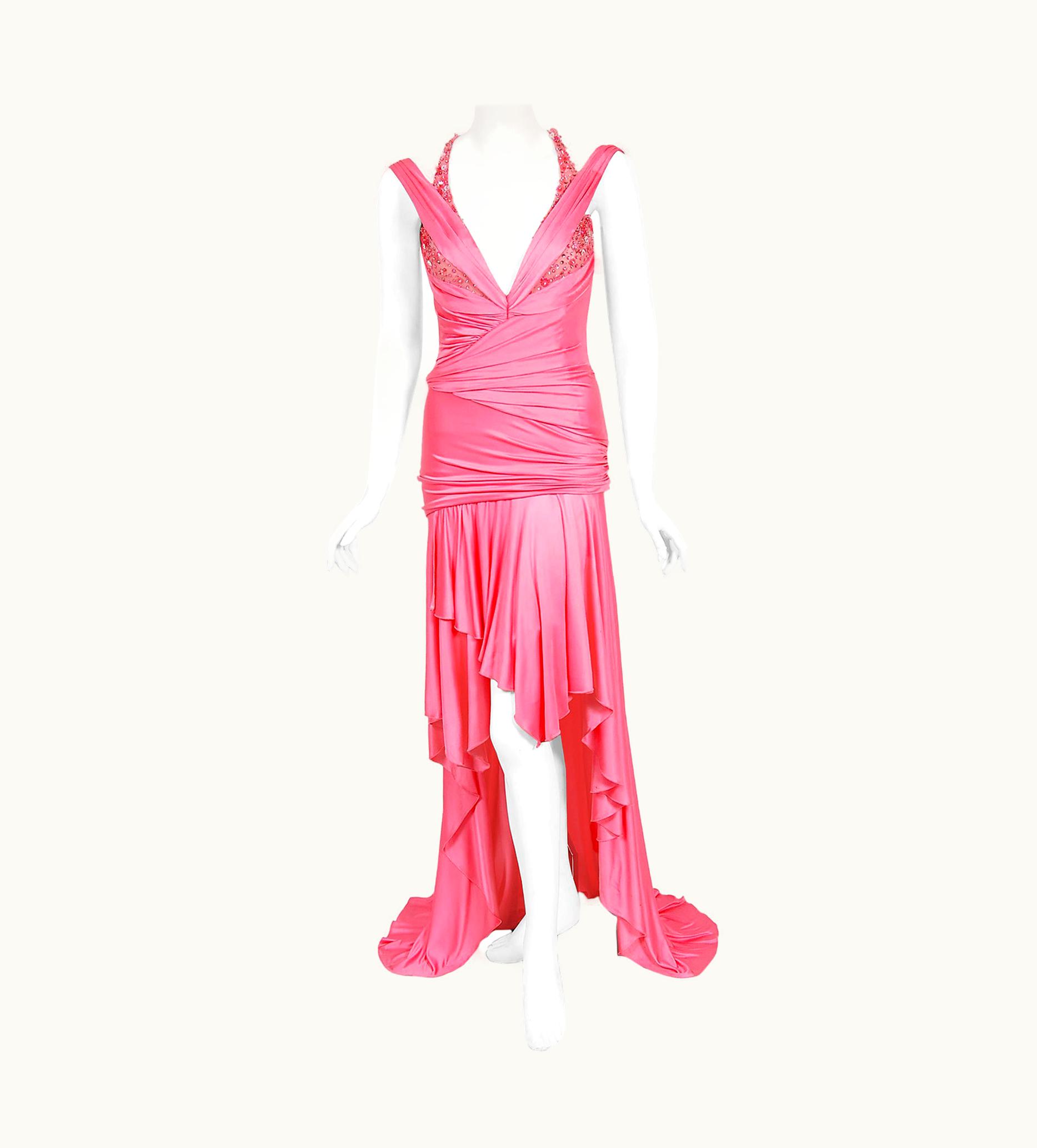 Versace Vintage 2005 Versace Couture Runway Hot Pink Beaded Stretch Silk High-Low Gown