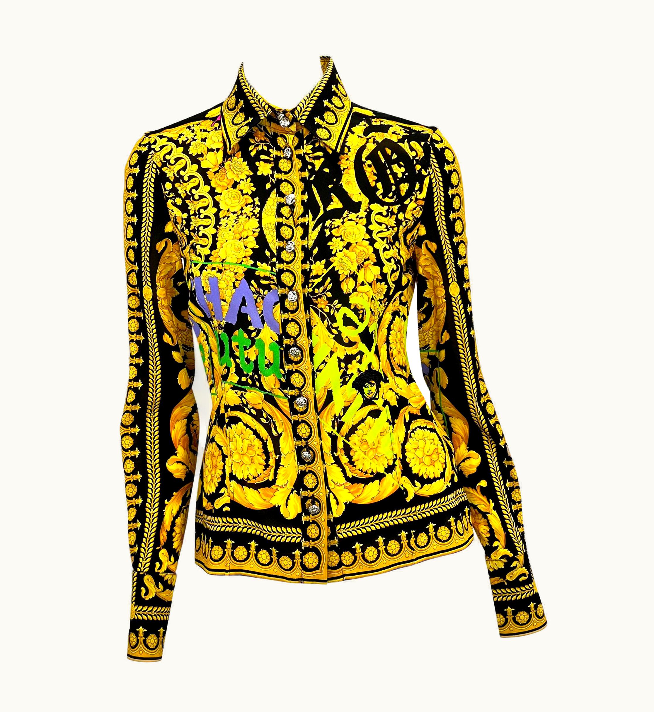 Versace Nwt S/S 2005 Versace By Donatella Chaos Couture Gold Baroque Graffiti Print Top