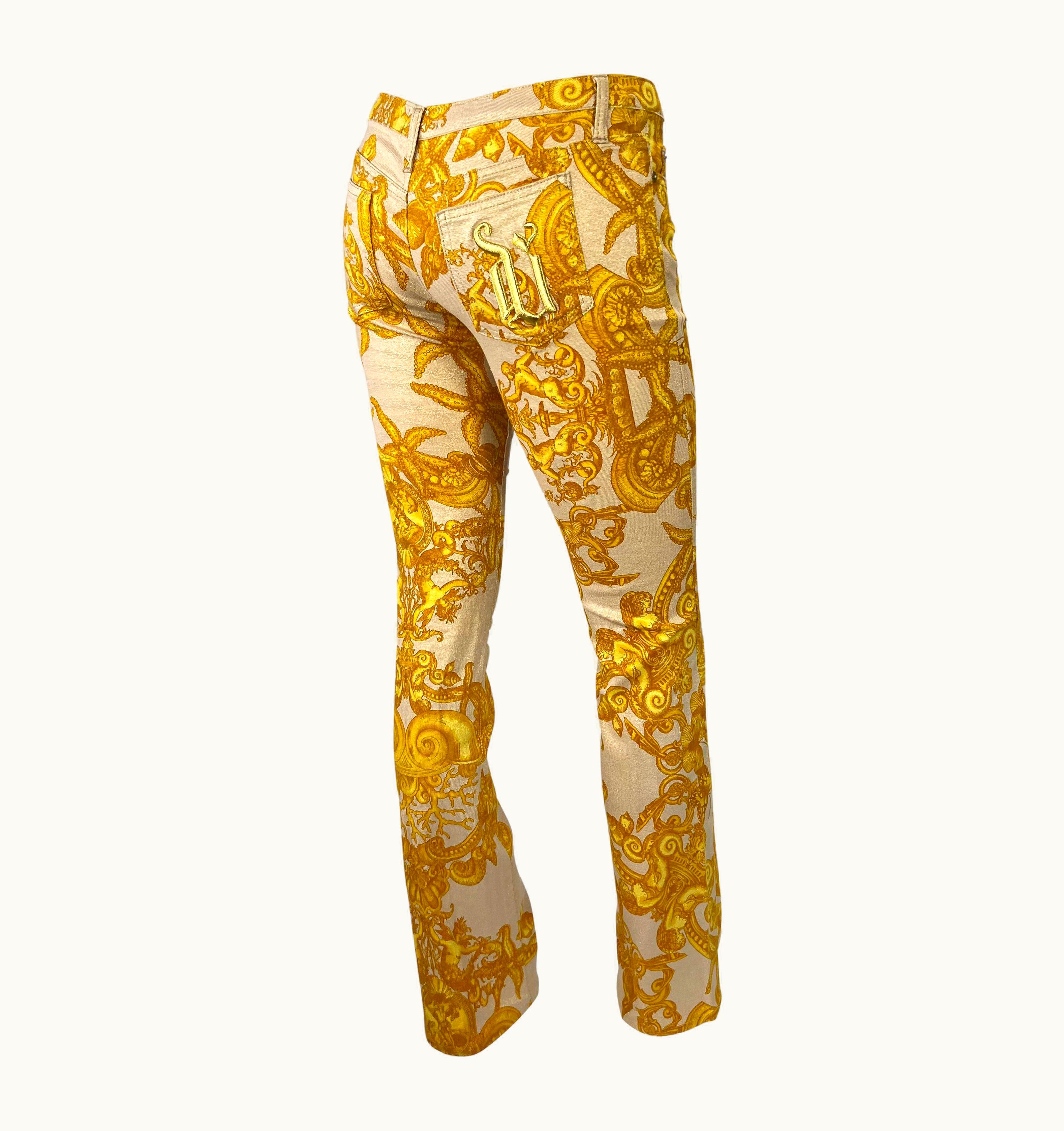 Versace S/S 2005 Versace By Donatella Metallic Gold Tresor La Mer Print Medusa Logo Pant