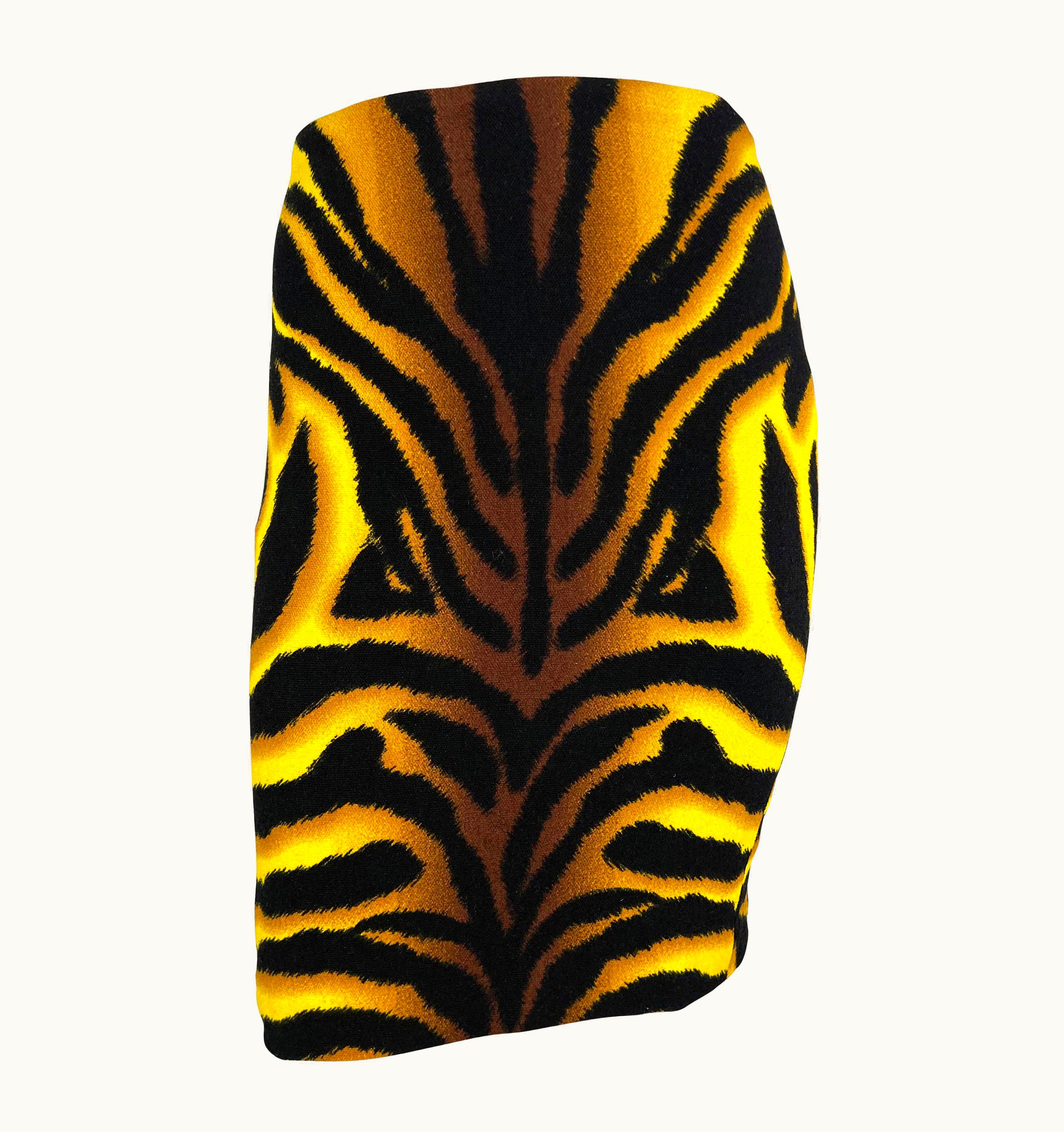 Versace AW 2004 Versace By Donatella Runway Yellow Black Tiger Print Wool Skirt