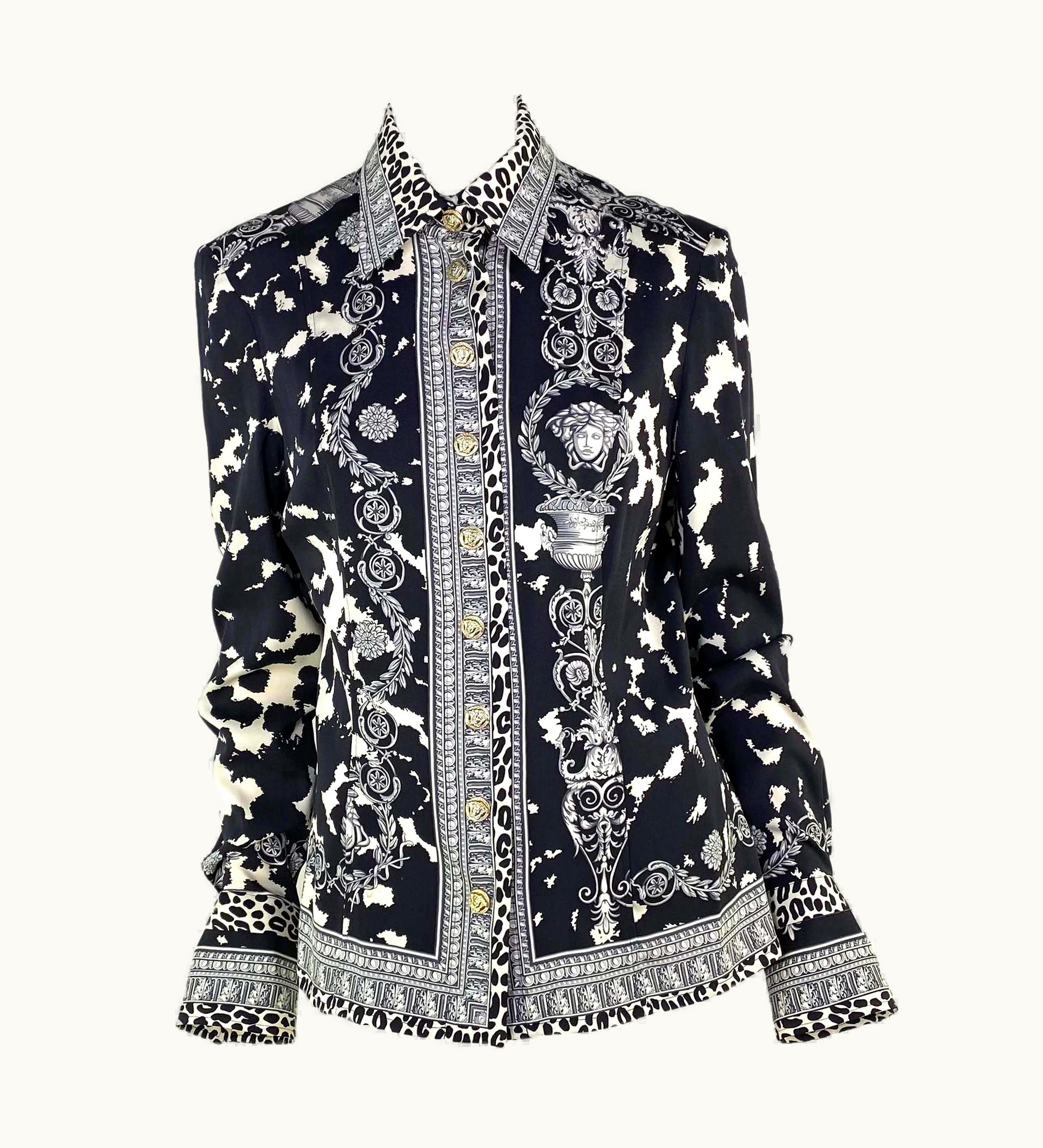 Versace 2000s Versace By Donatella Black White Medusa Leopard Baroque Snap Button Down