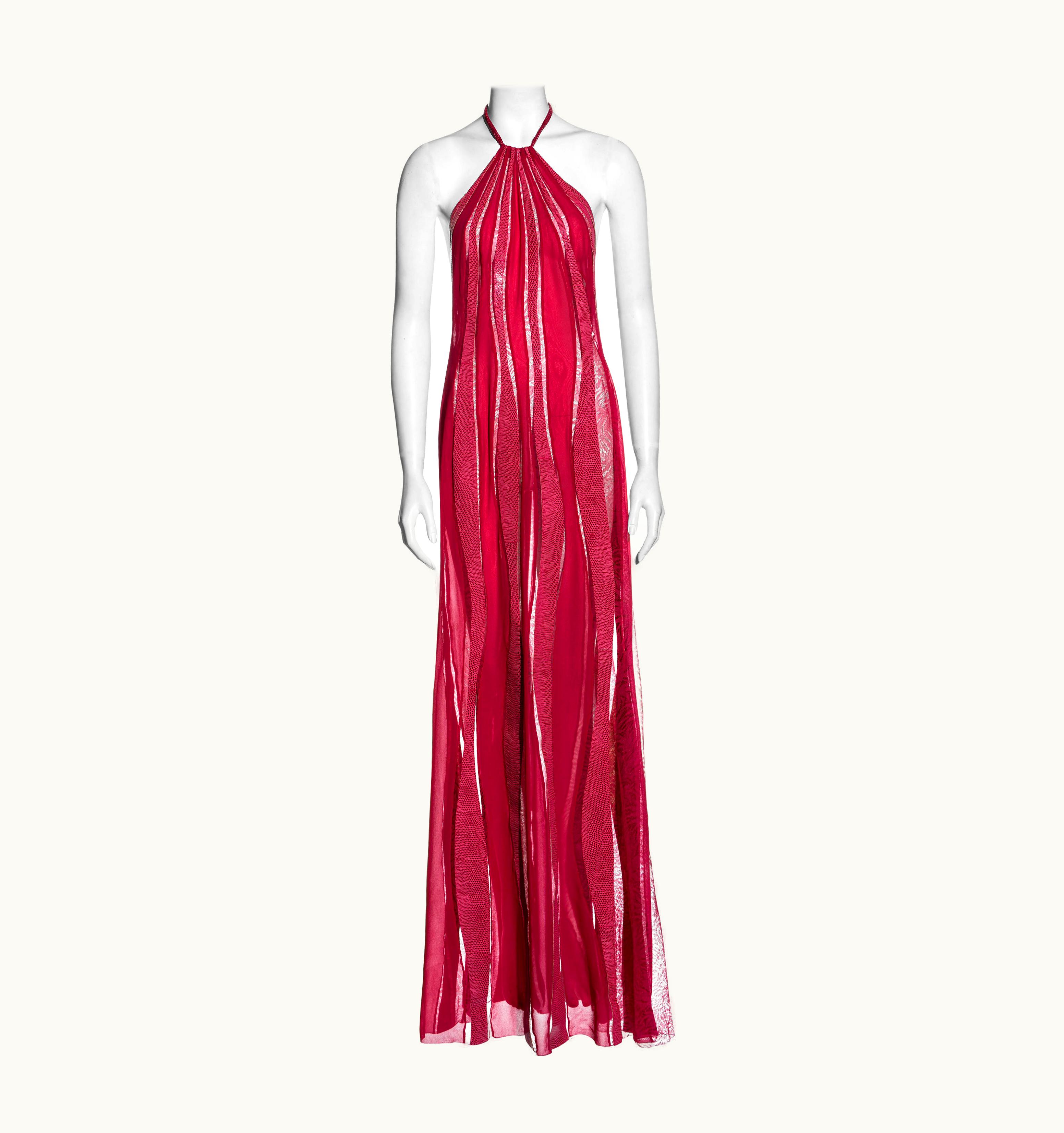 Gianni Versace Couture Gianni Versace Pink Silk, Leather And Lace Halter Neck Maxi Dress, AW 2000