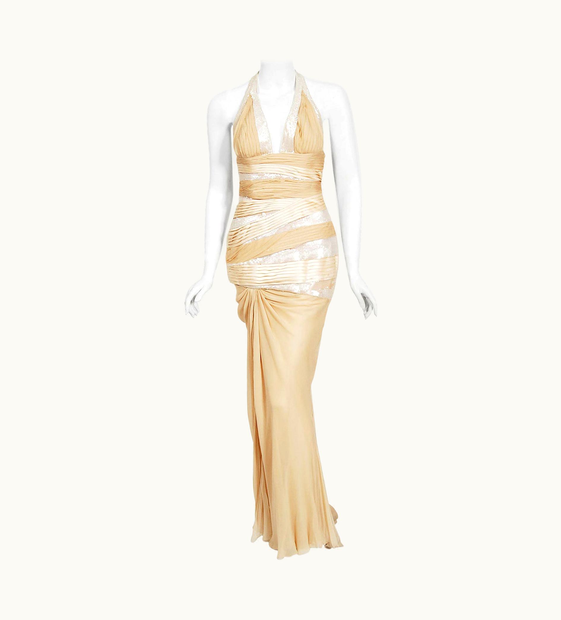 Versace Vintage 2006 Versace Runway Finale Champagne Sequin Silk Hourglass Halter Gown