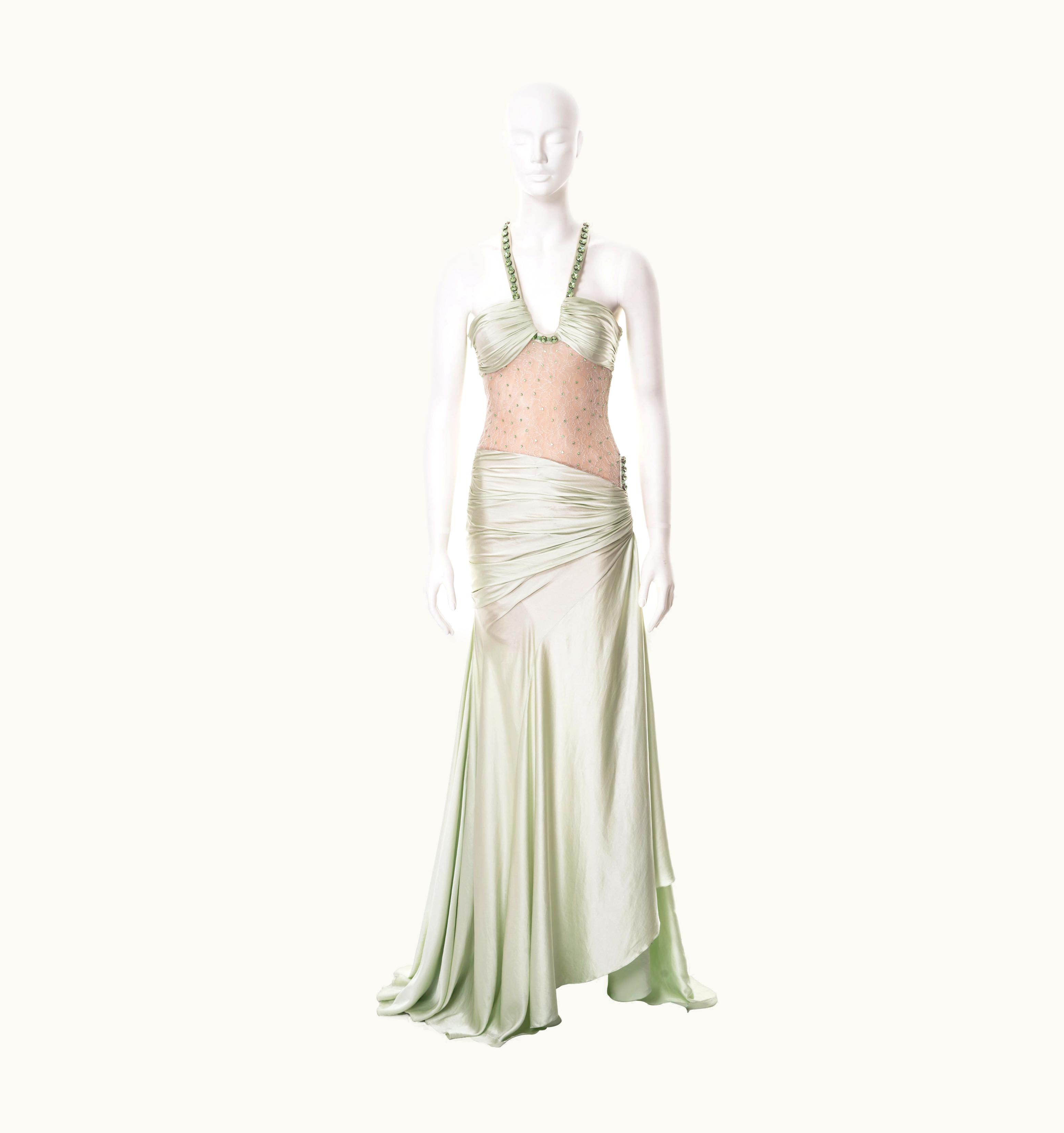 Versace Versace Demi-couture Green Silk And Lace Evening Dress With Crystals, S/S 2004