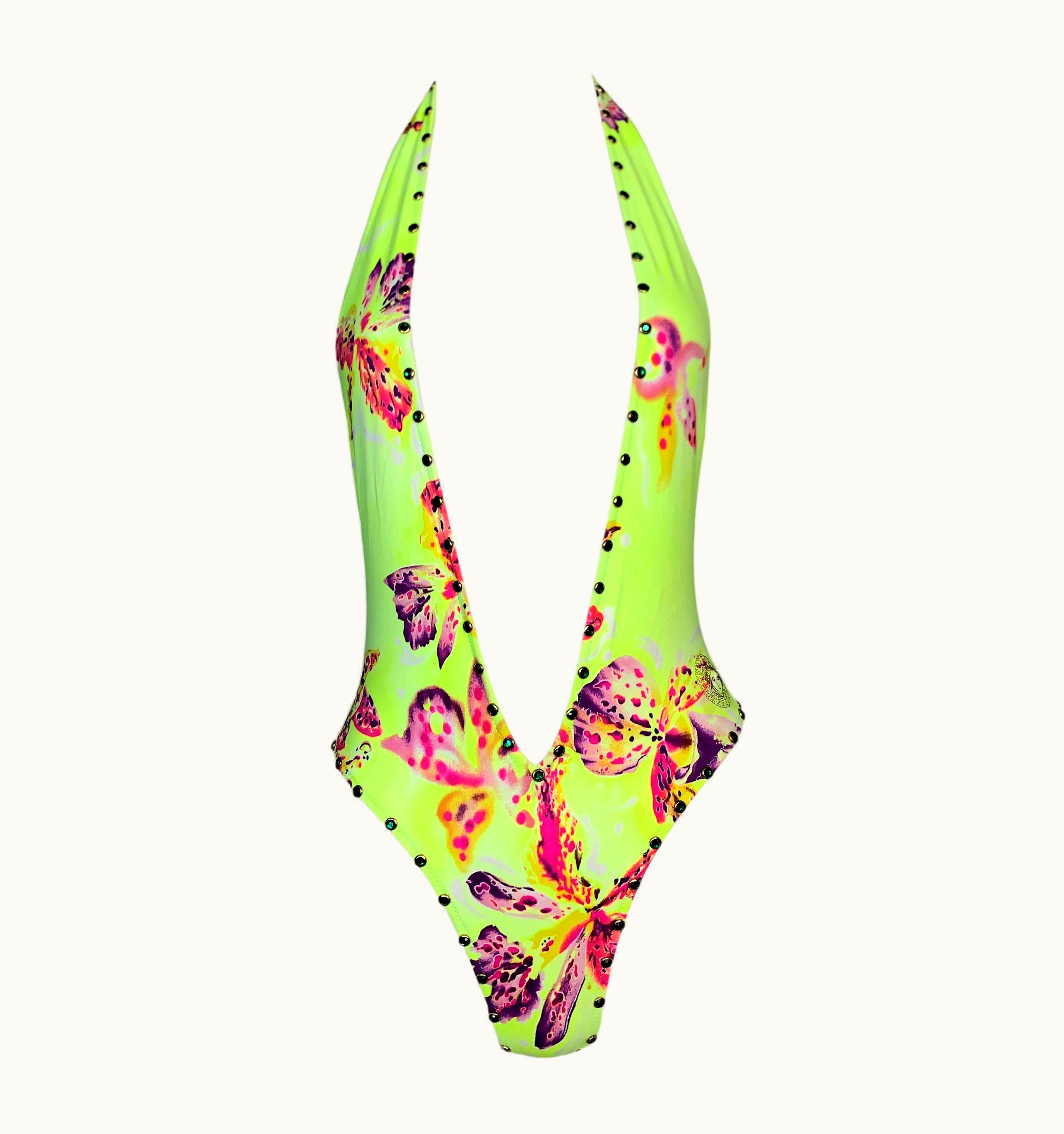 Gianni Versace Couture S/S 2000 Gianni Versace Runway Plunging Neon Yellow Studded Swimsuit