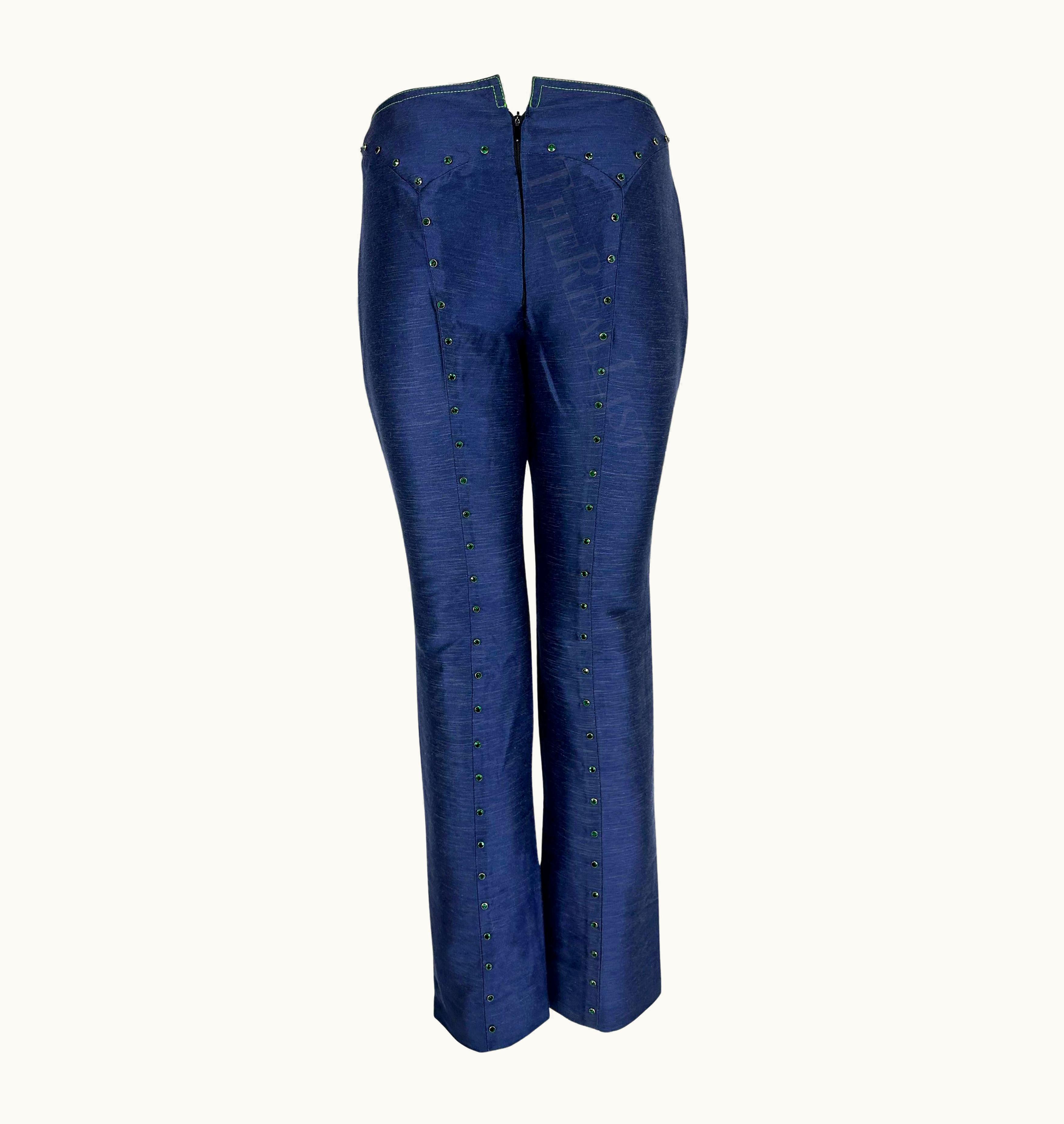 Gianni Versace Couture S/S 2000 Gianni Versace By Donatella Blue Chambray Rhinestone Runway Pants