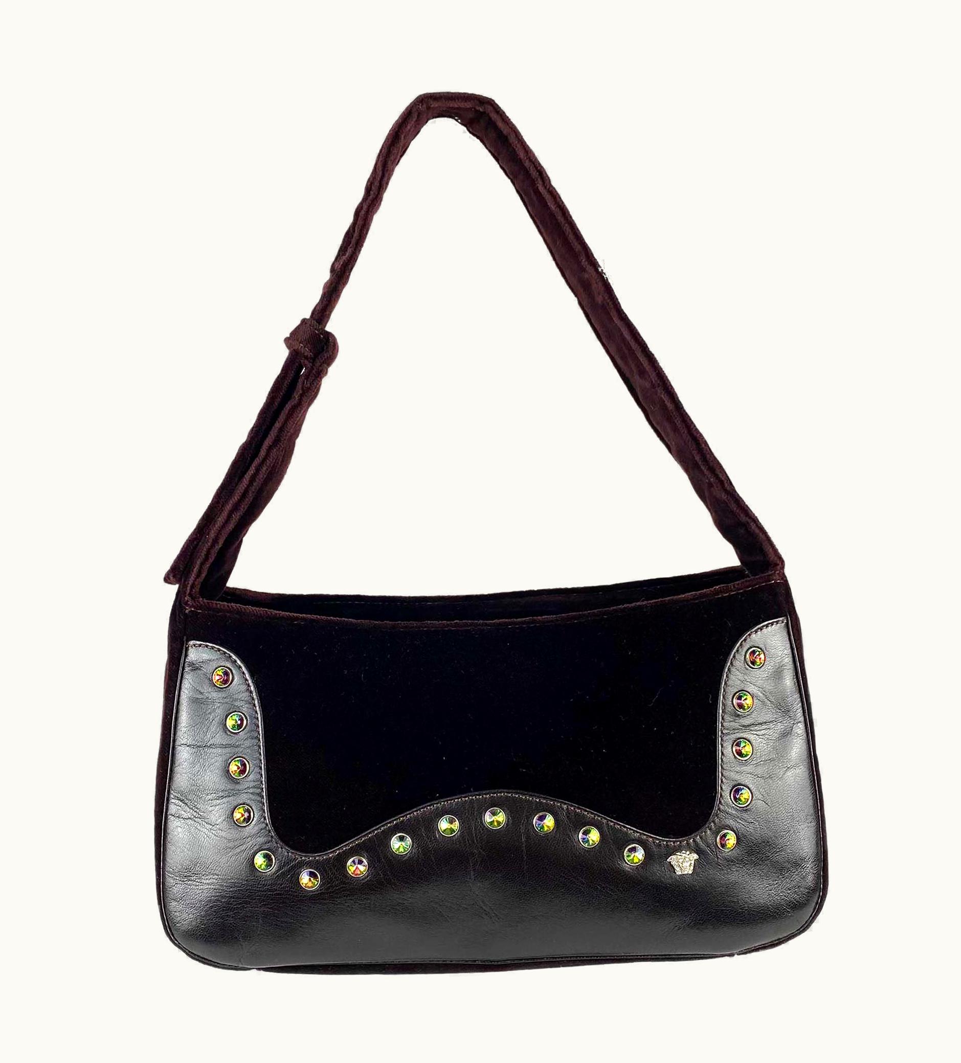 Gianni Versace Couture S/S 2000 Gianni Versace By Donatella Brown Velvet Rhinestone Shoulder Bag