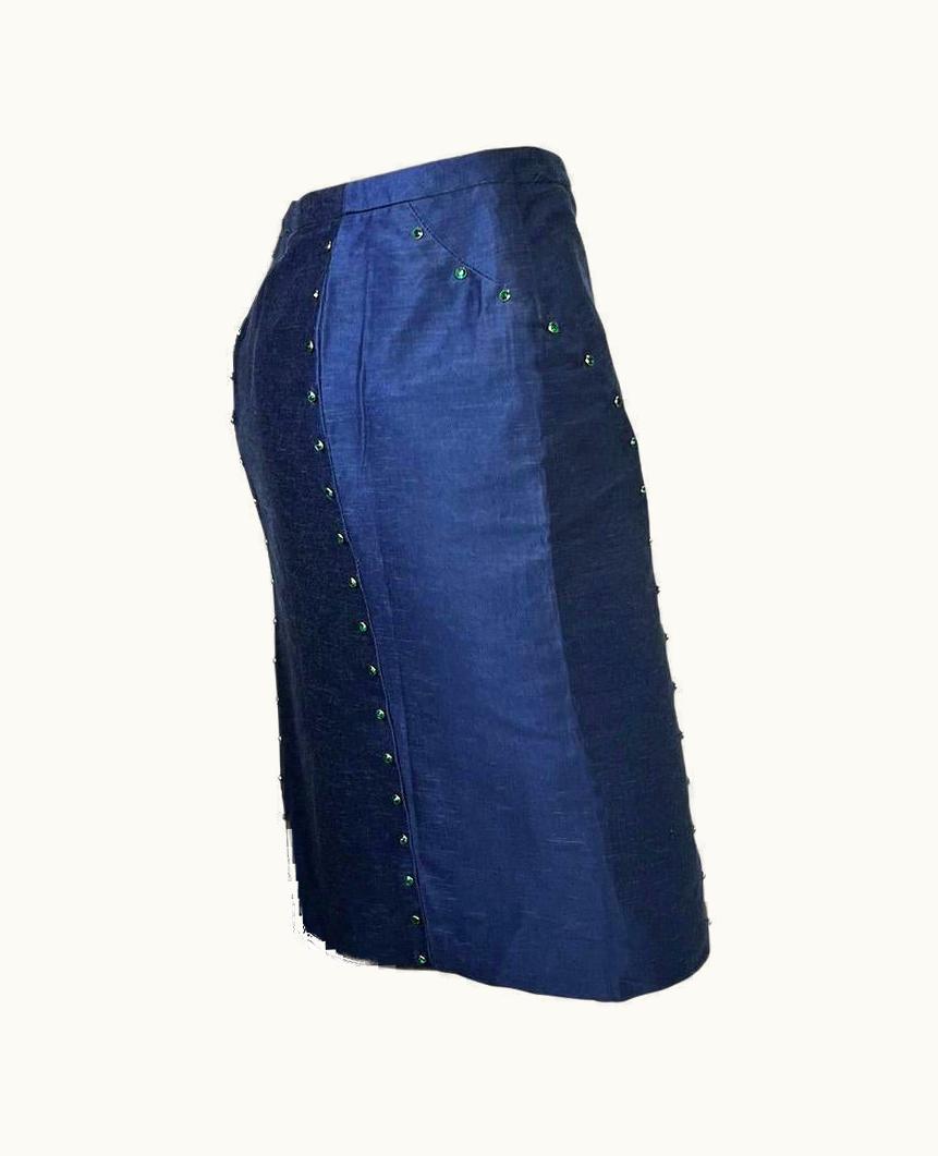 Gianni Versace Couture S/S 2000 Gianni Versace By Donatella Green Rhinestone Chambray Skirt