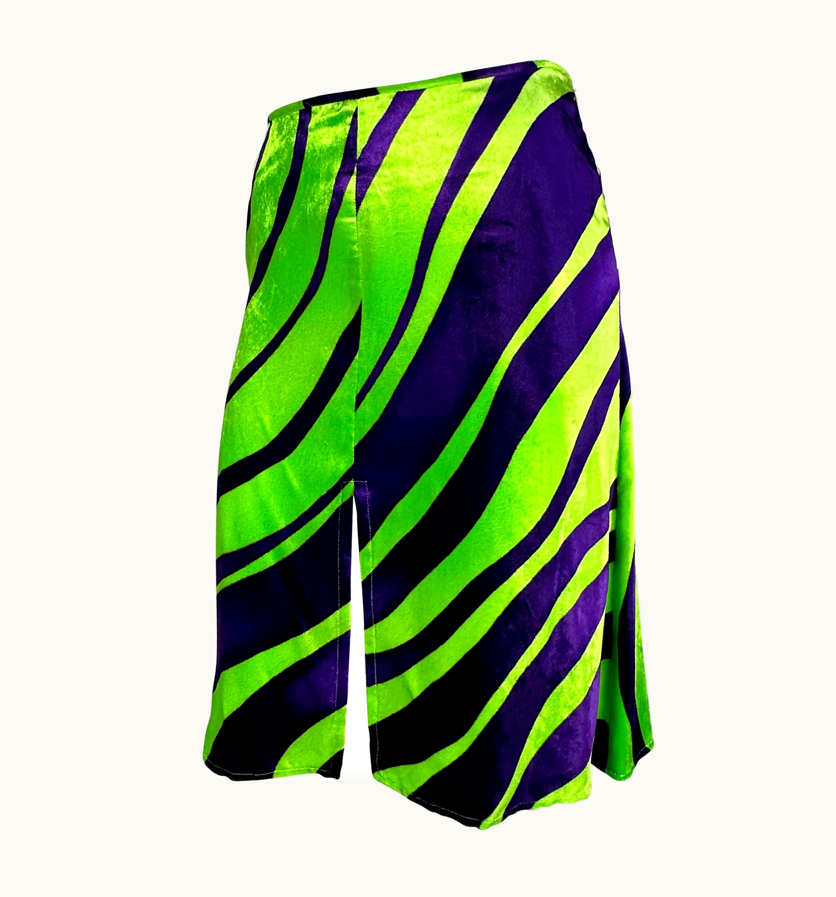 Gianni Versace Couture AW 2000 Gianni Versace By Donatella Purple Green Abstract Velvet Slit Skirt
