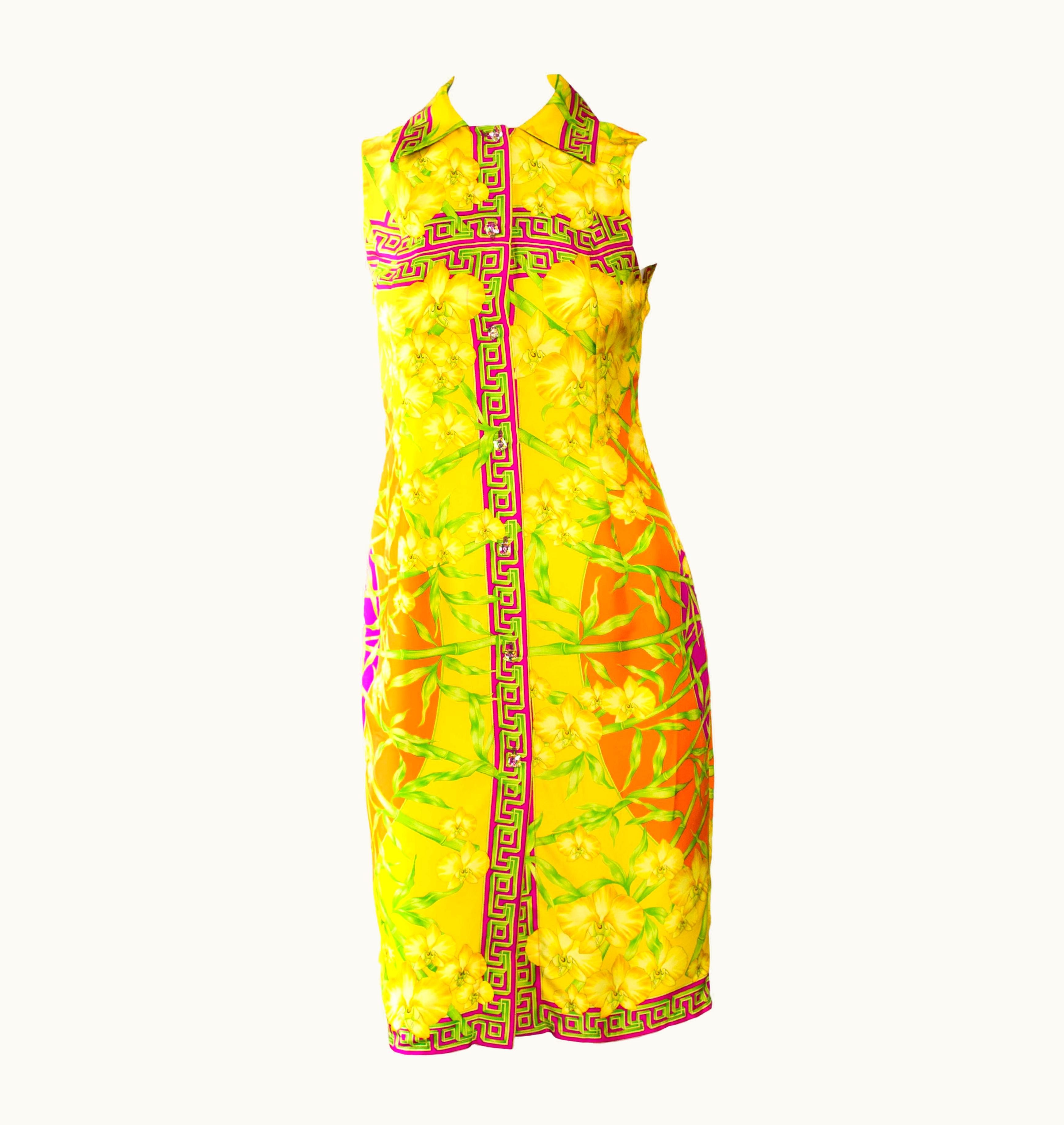 Gianni Versace Couture S/S 2000 Gianni Versace Silk Bamboo & Orchid Jungle Sleeveless Dress Donatella