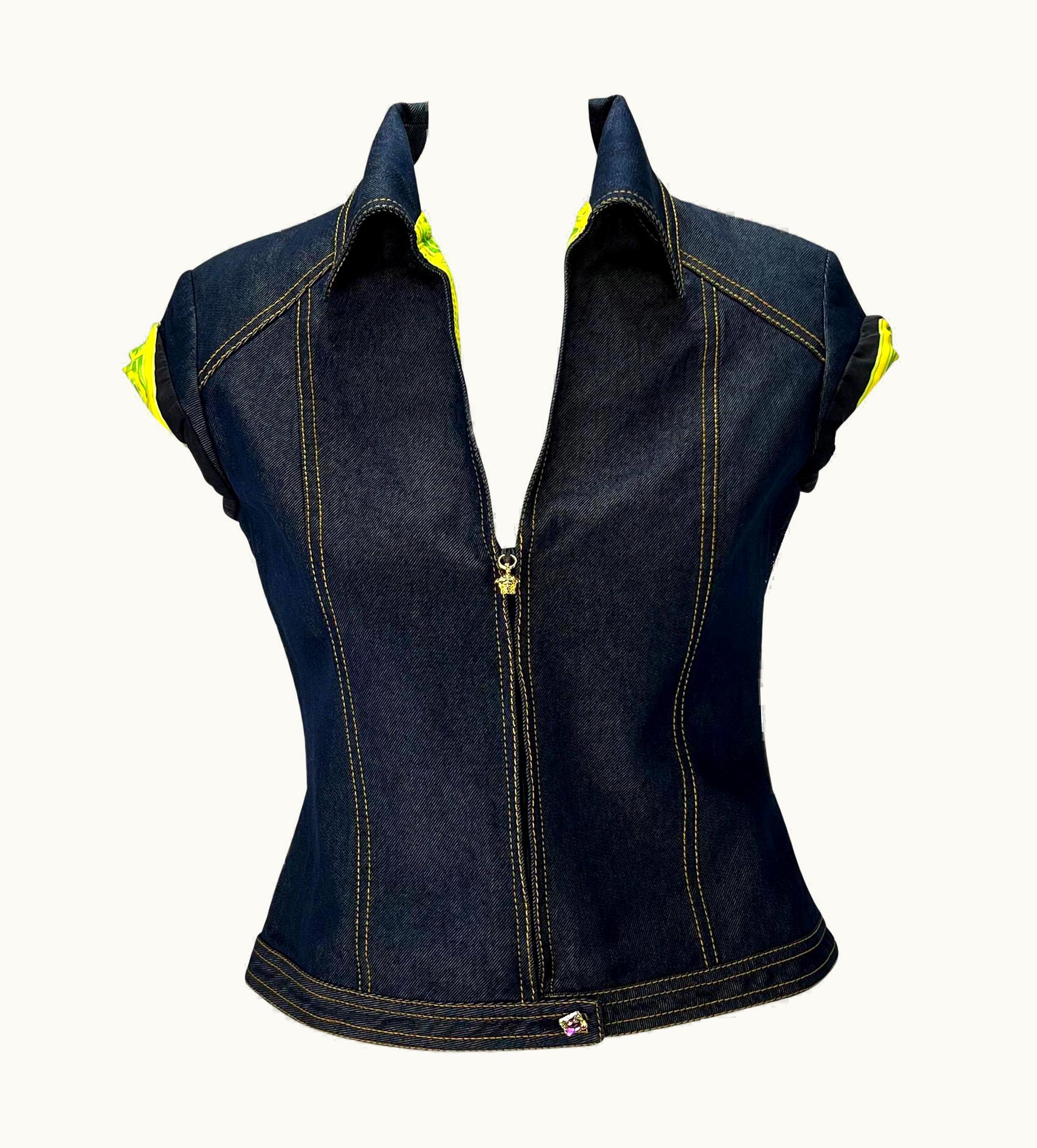 Gianni Versace Couture S/S 2000 Gianni Versace By Donatella Denim Medusa Silk Jungle Sleeveless Top