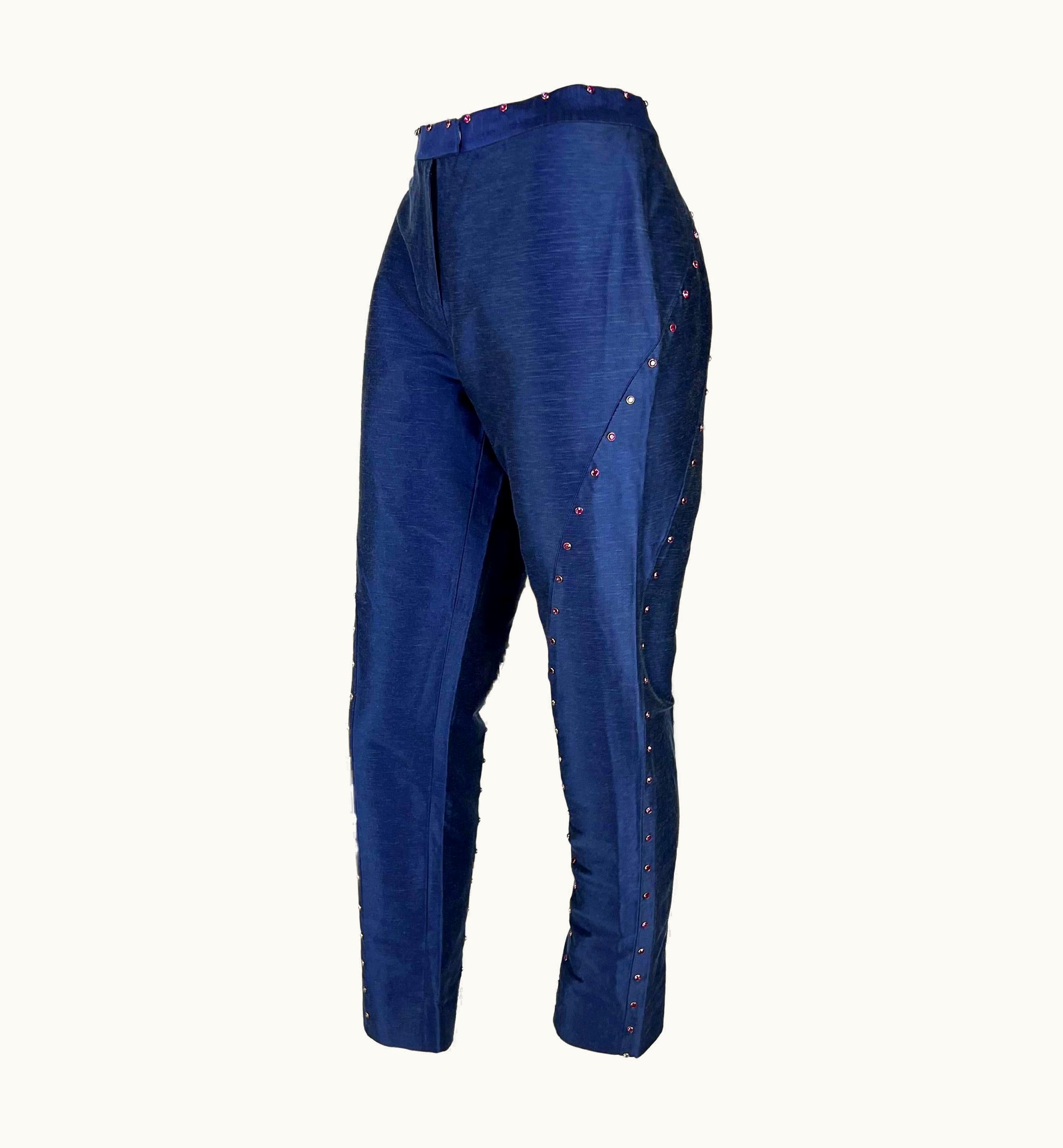 Gianni Versace Couture S/S 2000 Gianni Versace By Donatella Runway Blue Chambray Pink Rhinestone Pants