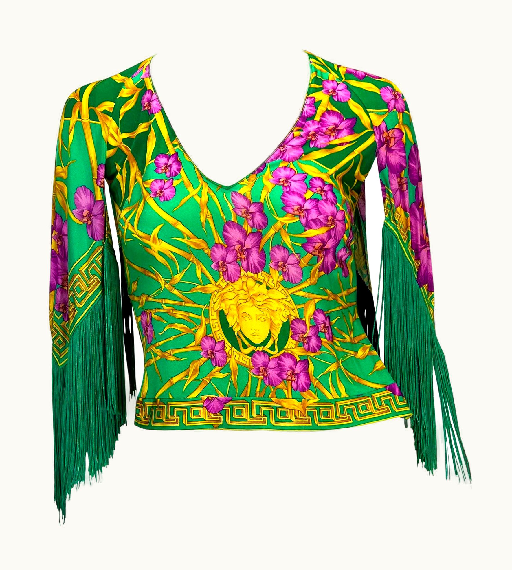 Gianni Versace Couture S/S 2000 Gianni Versace By Donatella Fringe Medusa Bamboo Orchid Jungle Top