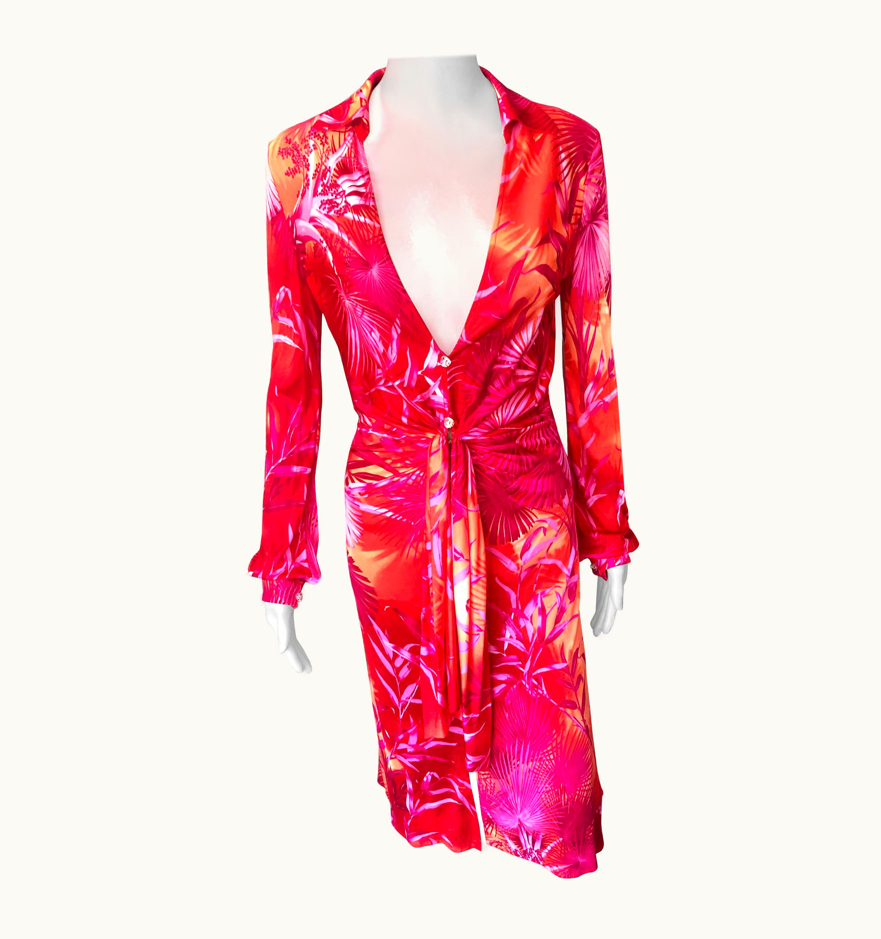 Gianni Versace Couture Gianni Versace Runway S/S 2000 Vintage Tropical Print Plunging Neckline Dress UZ0579028