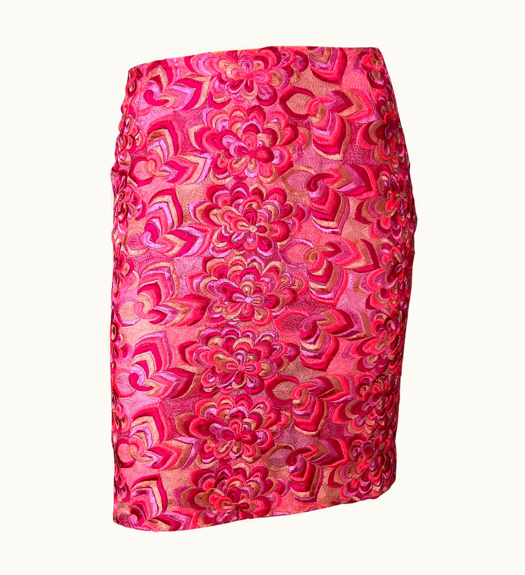 Gianni Versace Couture S/S 2000 Gianni Versace By Donatella Neon Pink Floral Embroidered Skirt