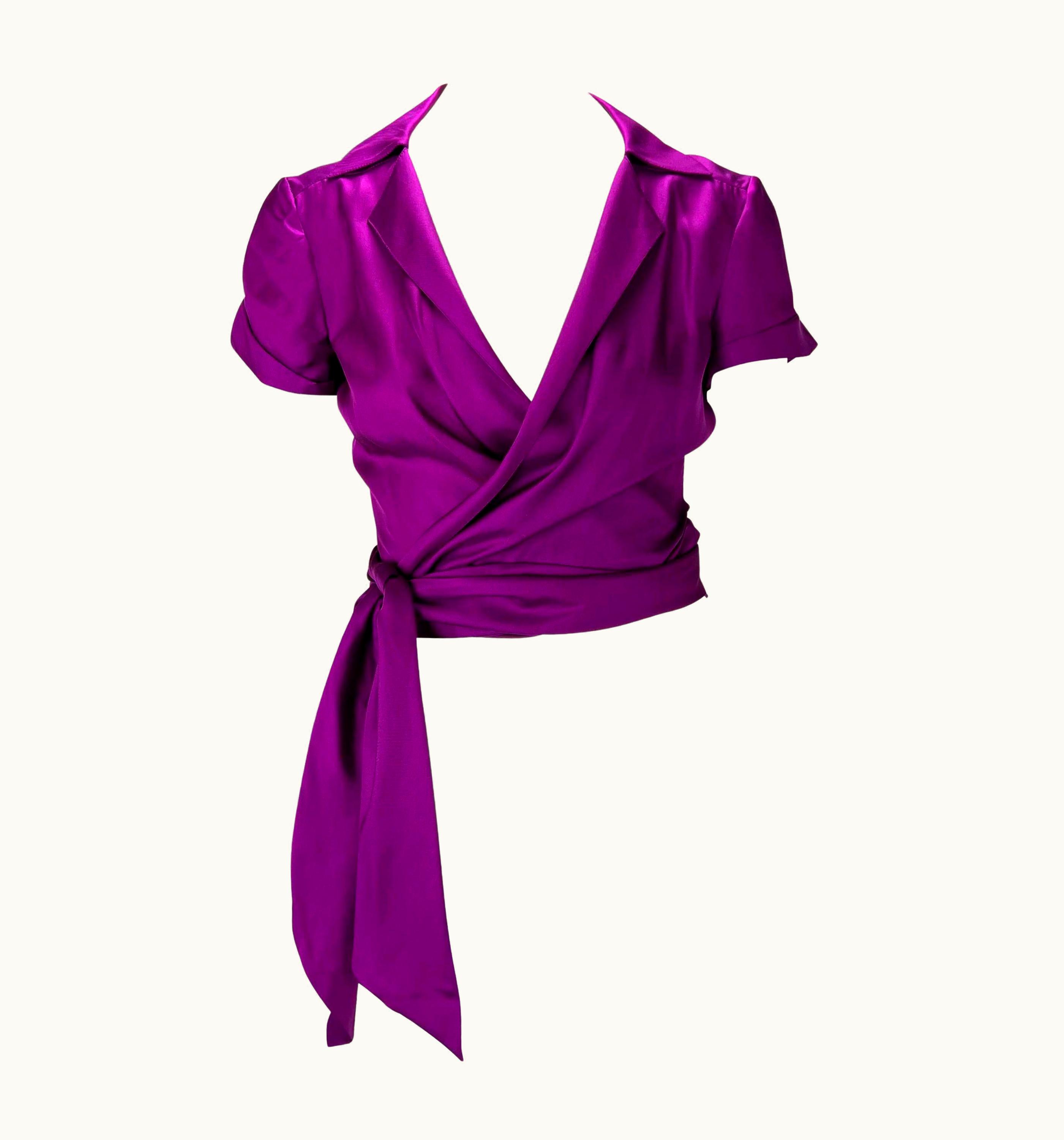 Gianni Versace Couture S/S 2000 Gianni Versace By Donatella Runway Purple Silk Plunge Wrap Top