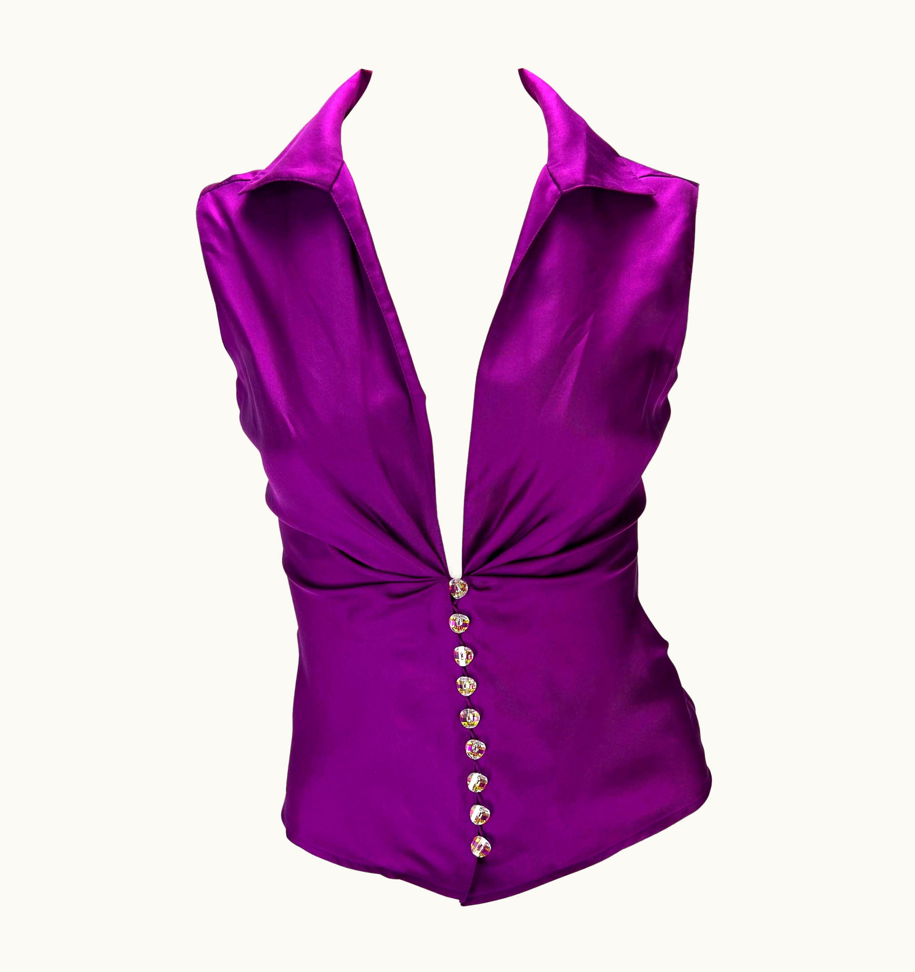 Gianni Versace Couture S/S 2000 Gianni Versace By Donatella Purple Silk Satin Rhinestone Plunging Top