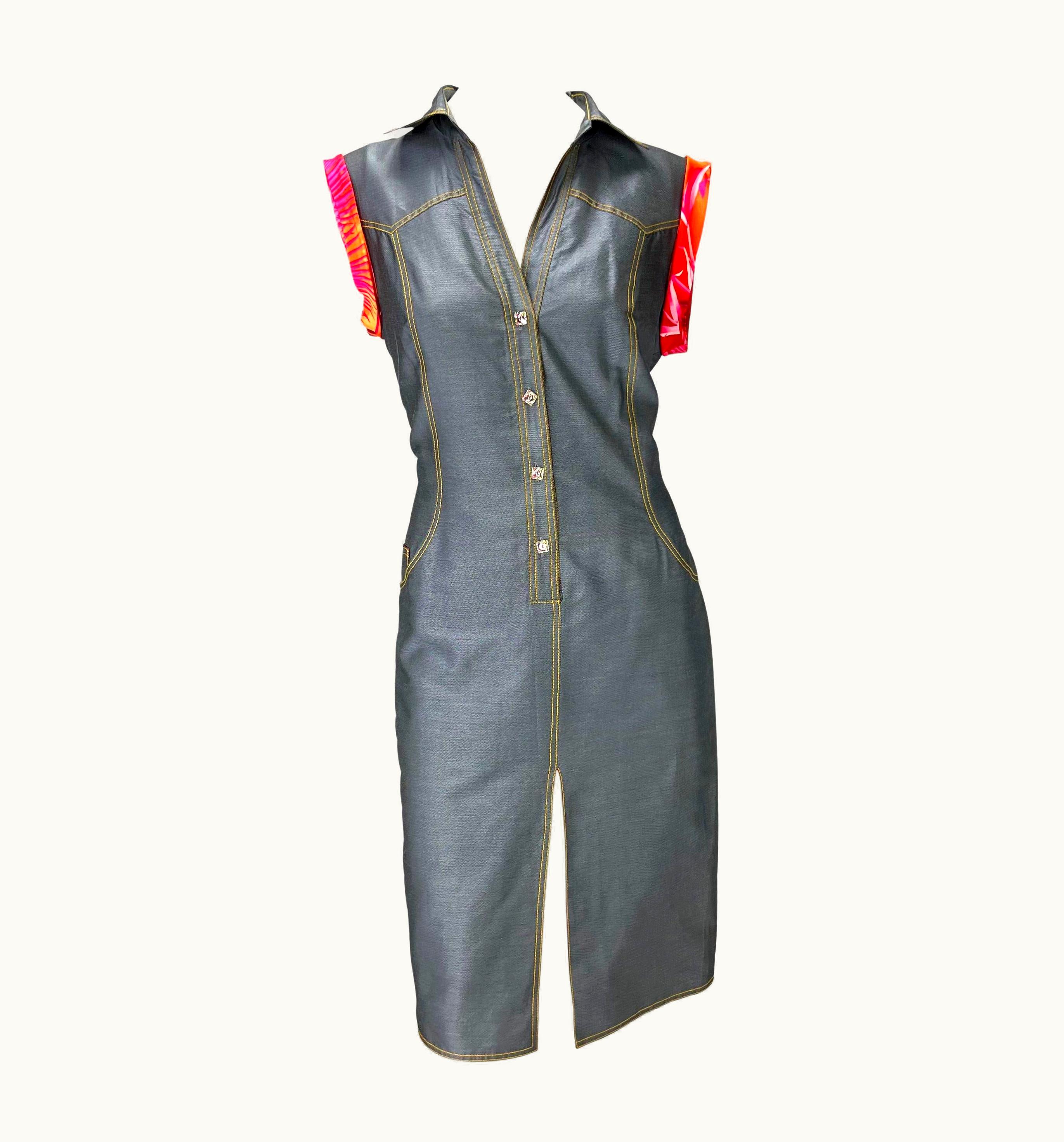 Gianni Versace Couture S/S 2000 Gianni Versace By Donatella Chambray Iridescent Pink Jungle Shirt Dress