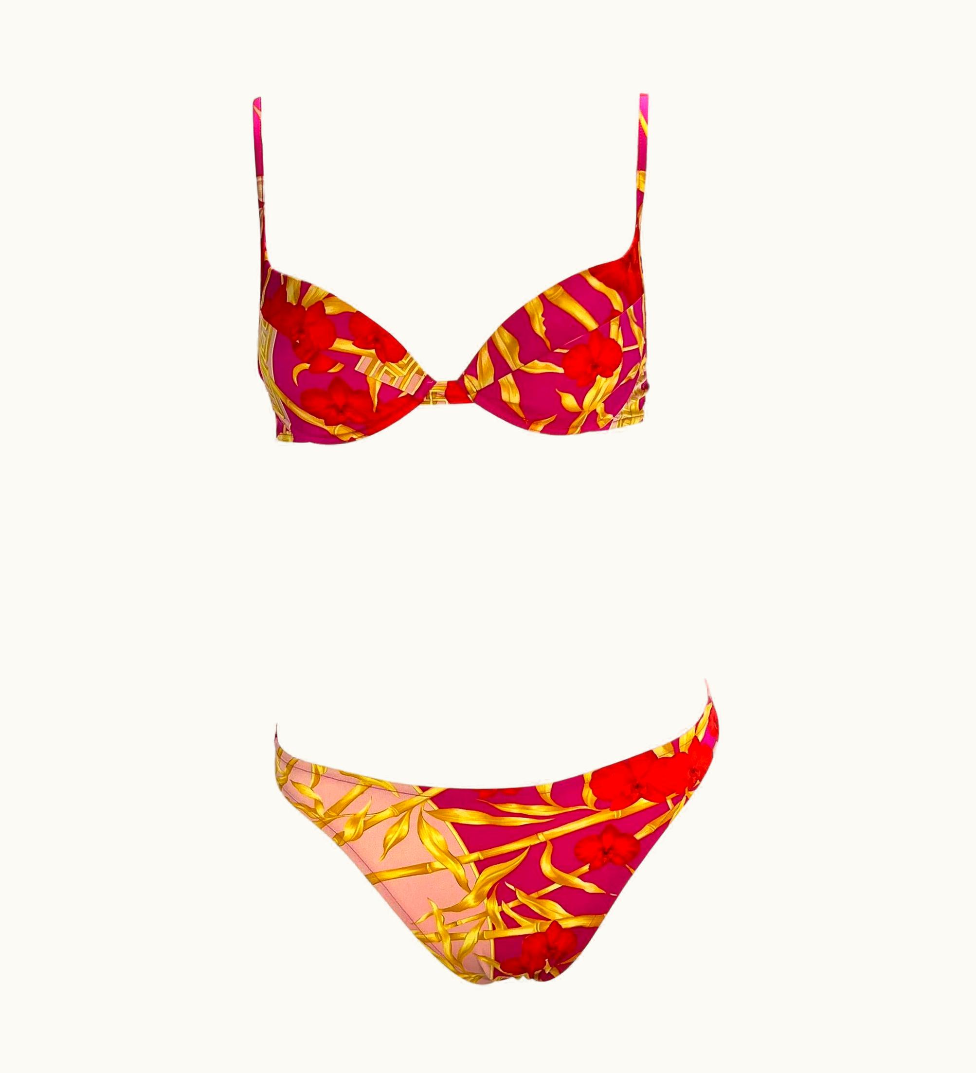Gianni Versace Couture S/S 2000 Gianni Versace By Donatella Pink Medusa Orchid Bikini Swimsuit Set