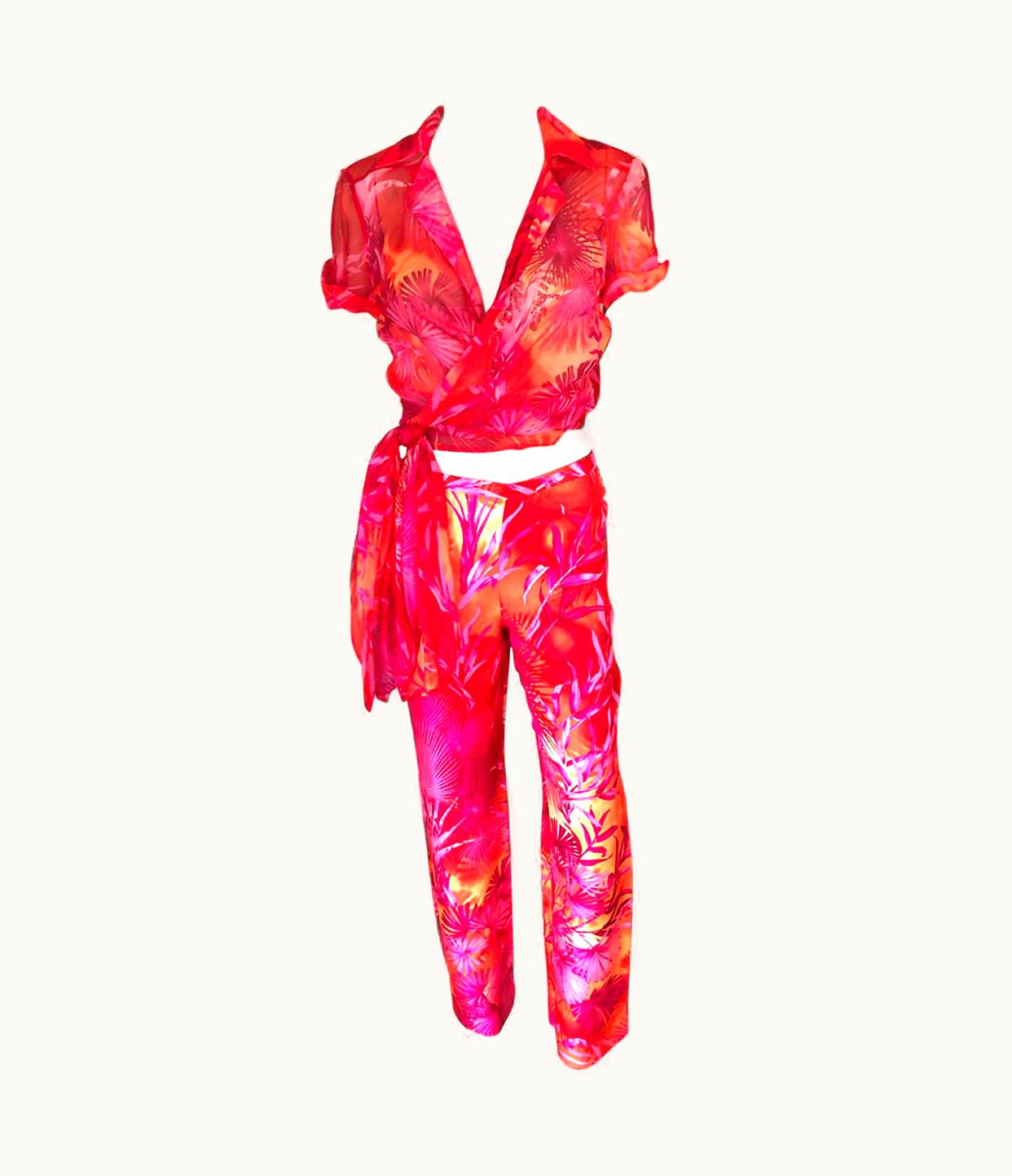 Gianni Versace Couture Gianni Versace S/S 2000 Runway Tropical Palm Print Pants & Blouse 2 Piece Set