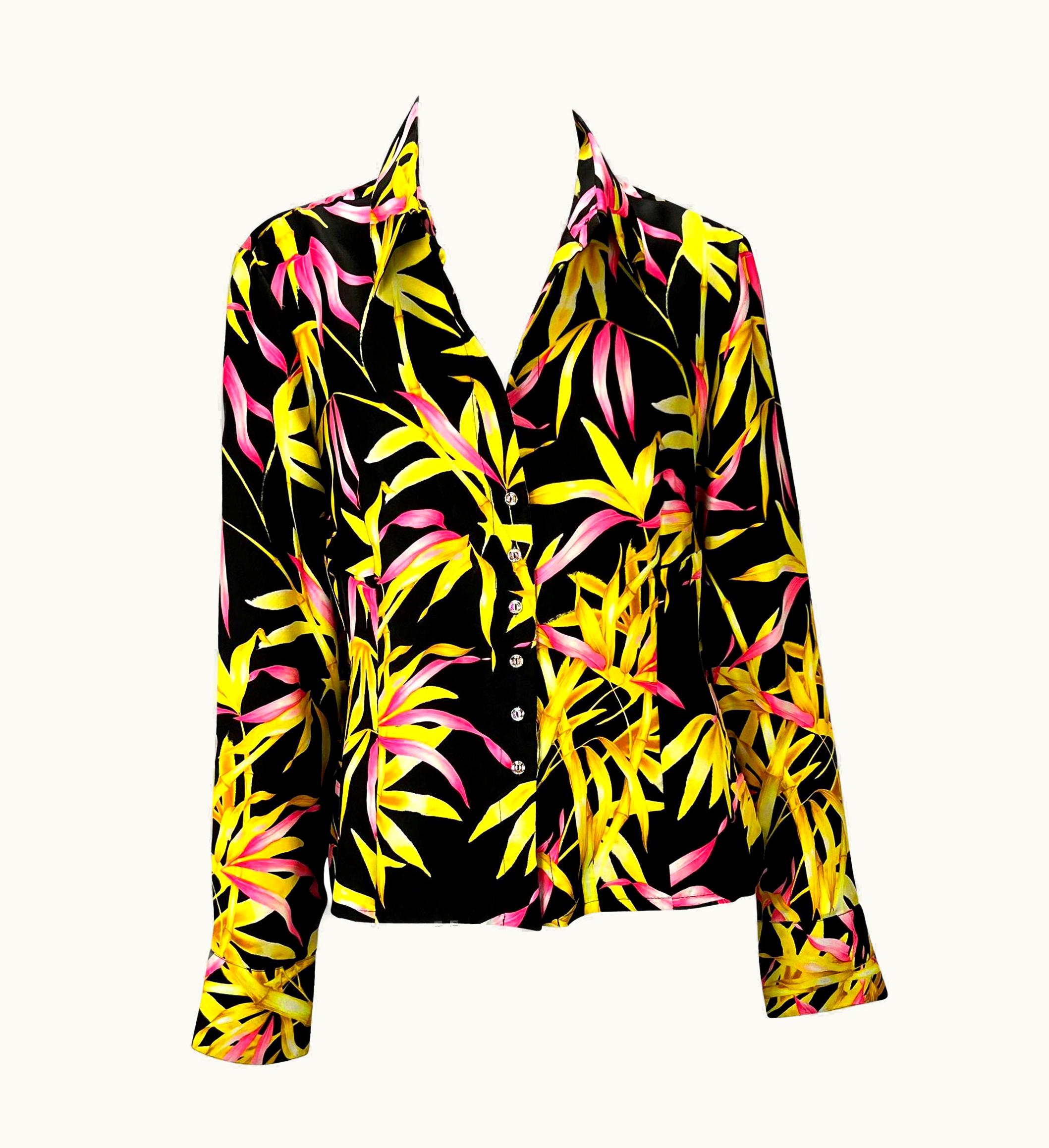 Gianni Versace Couture S/S 2000 Gianni Versace By Donatella Black Silk Pink Bamboo Button Plunge Top