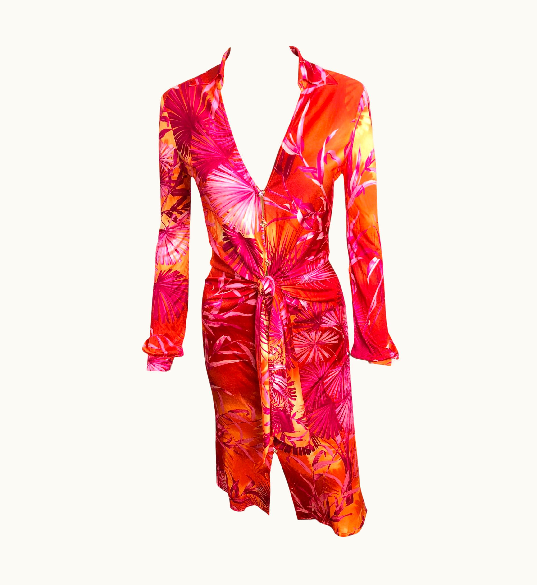 Gianni Versace Couture Gianni Versace Runway S/S 2000 Vintage Tropical Print Plunging Neckline Dress UZ0579047
