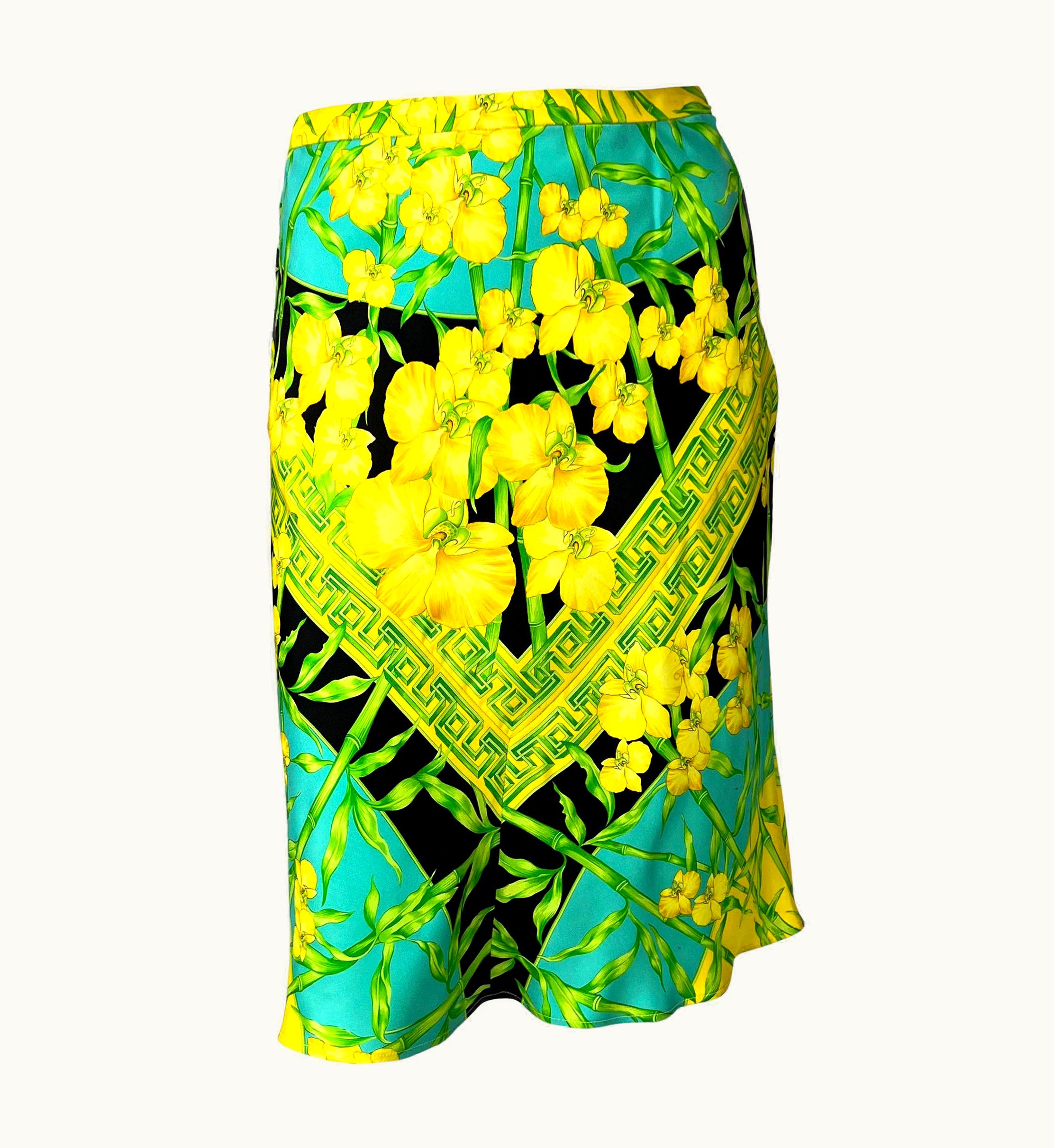 Gianni Versace Couture S/S 2000 Gianni Versace By Donatella Orchid Greek Key Jungle Print Silk Skirt