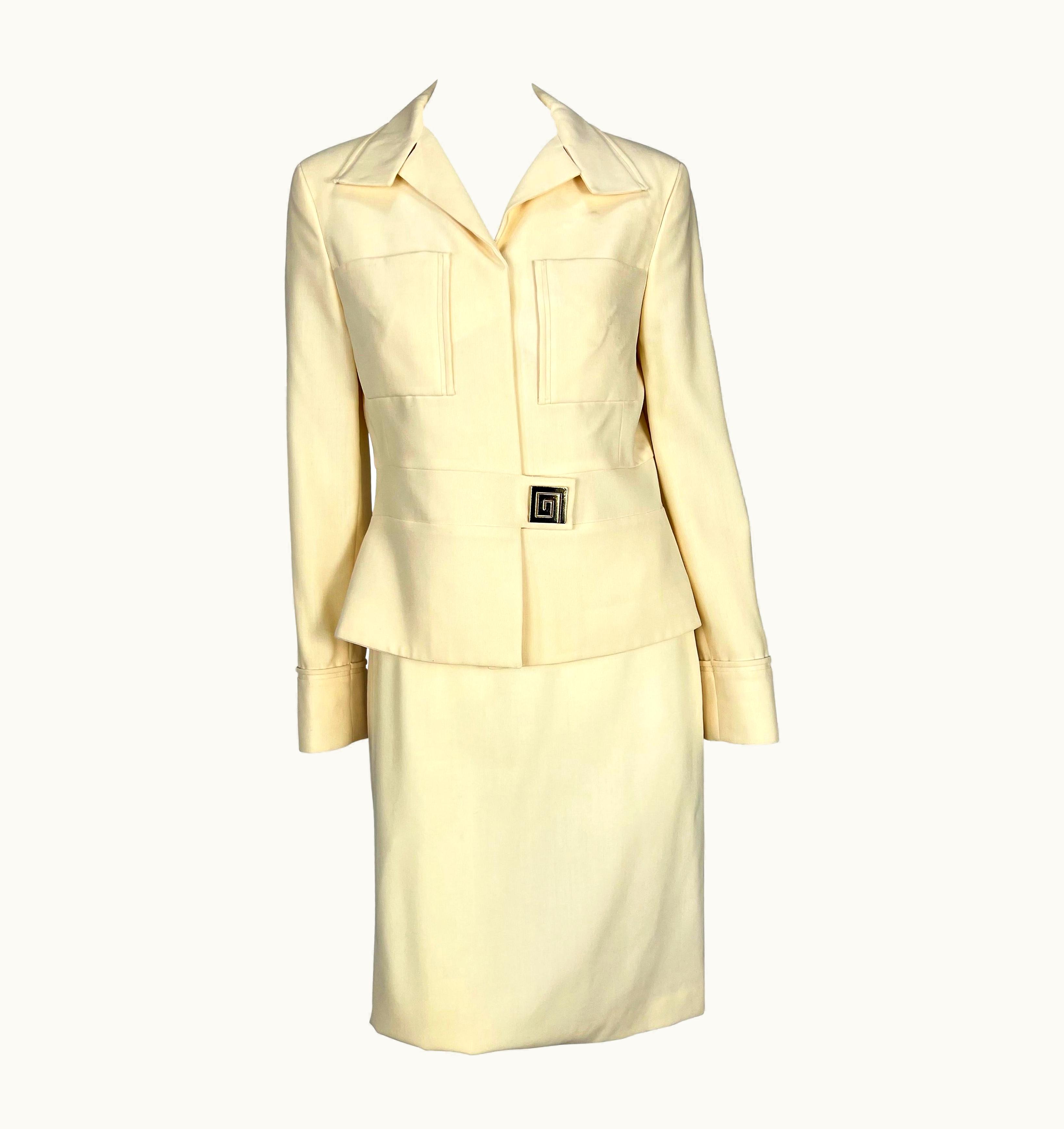 Gianni Versace Couture AW 2000 Gianni Versace By Donatella Off-White Greek Key Wool Skirt Suit