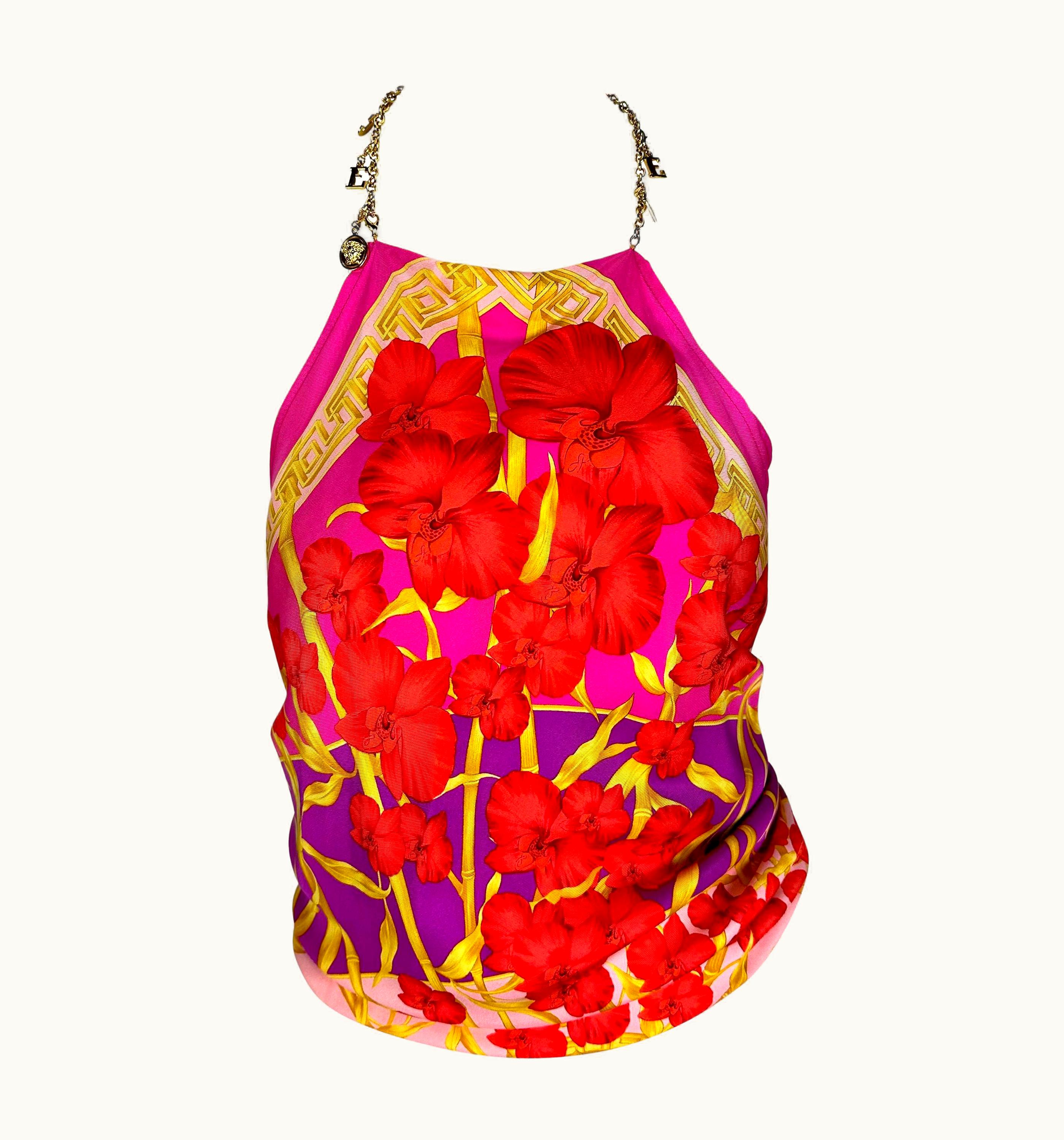 Gianni Versace Couture S/S 2000 Gianni Versace By Donatella Silk Bamboo Print Scarf Chain Medusa Top UZ0579053