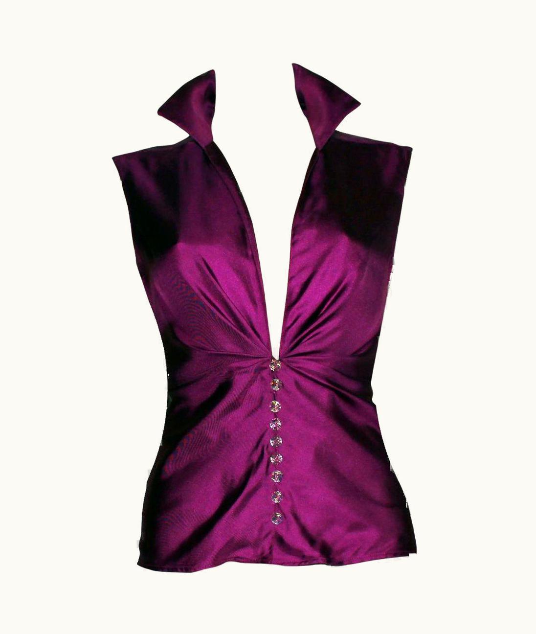 Gianni Versace Couture Gianni Versace S/S 2000 Jungle Purple Hot Silk Blouse Top With Swarovski Buttons