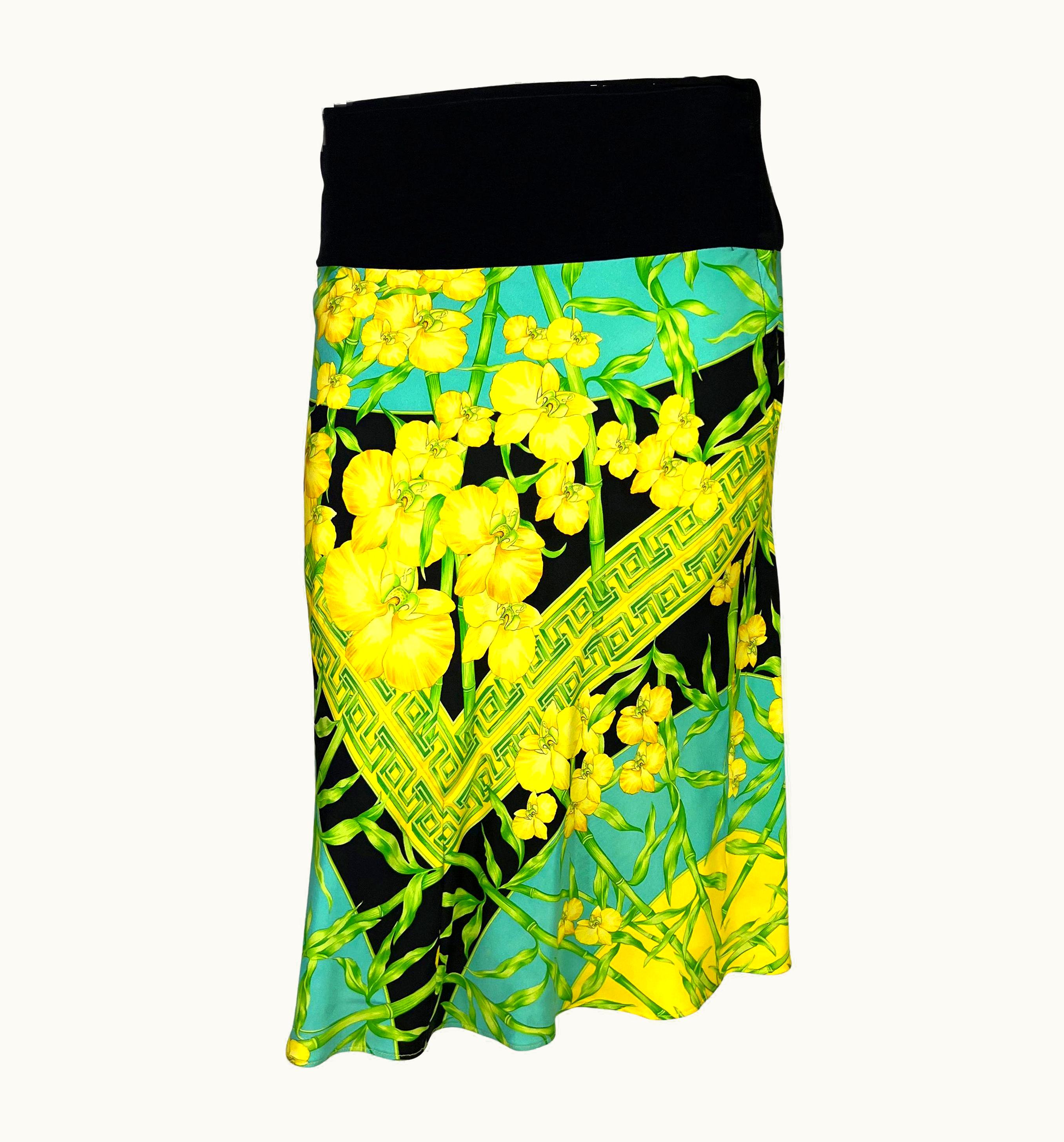 Gianni Versace Couture S/S 2000 Gianni Versace By Donatella Bamboo Medusa Jungle Print Silk Flare Skirt