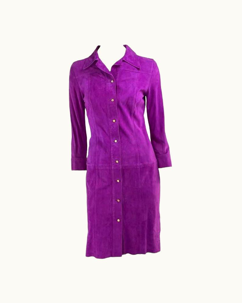 Gianni Versace Couture S/S 2000 Gianni Versace By Donatella Purple Suede Medusa Button Up Dress
