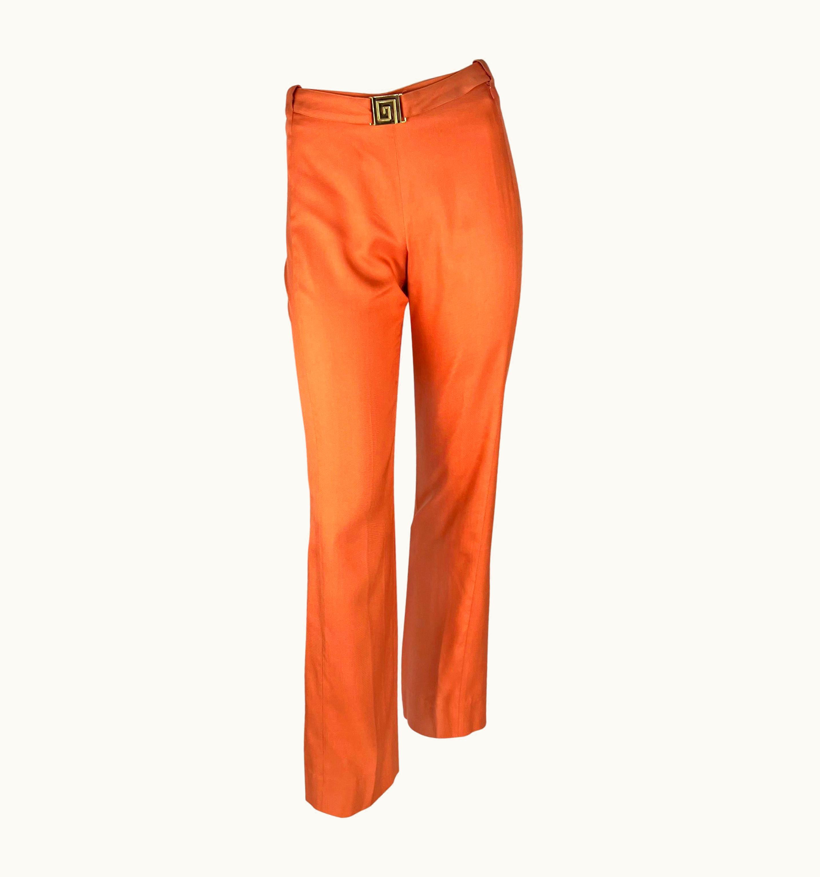 Gianni Versace Couture AW 2000 Gianni Versace By Donatella Orange Silk Greek Key Buckle Belted Pants