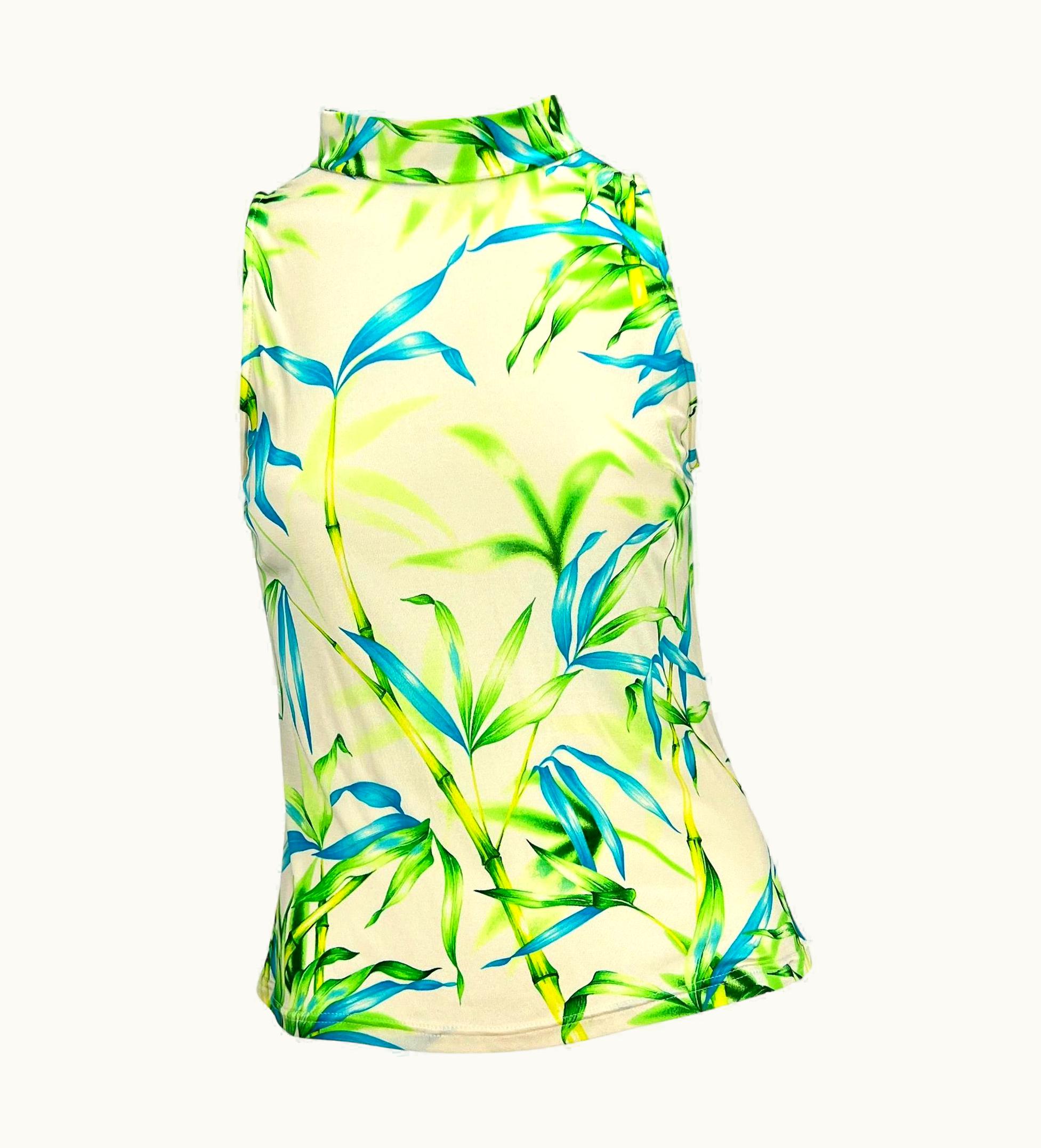 Gianni Versace Couture S/S 2000 Gianni Versace By Donatella White Bamboo Print Sleeveless Mock Neck Top