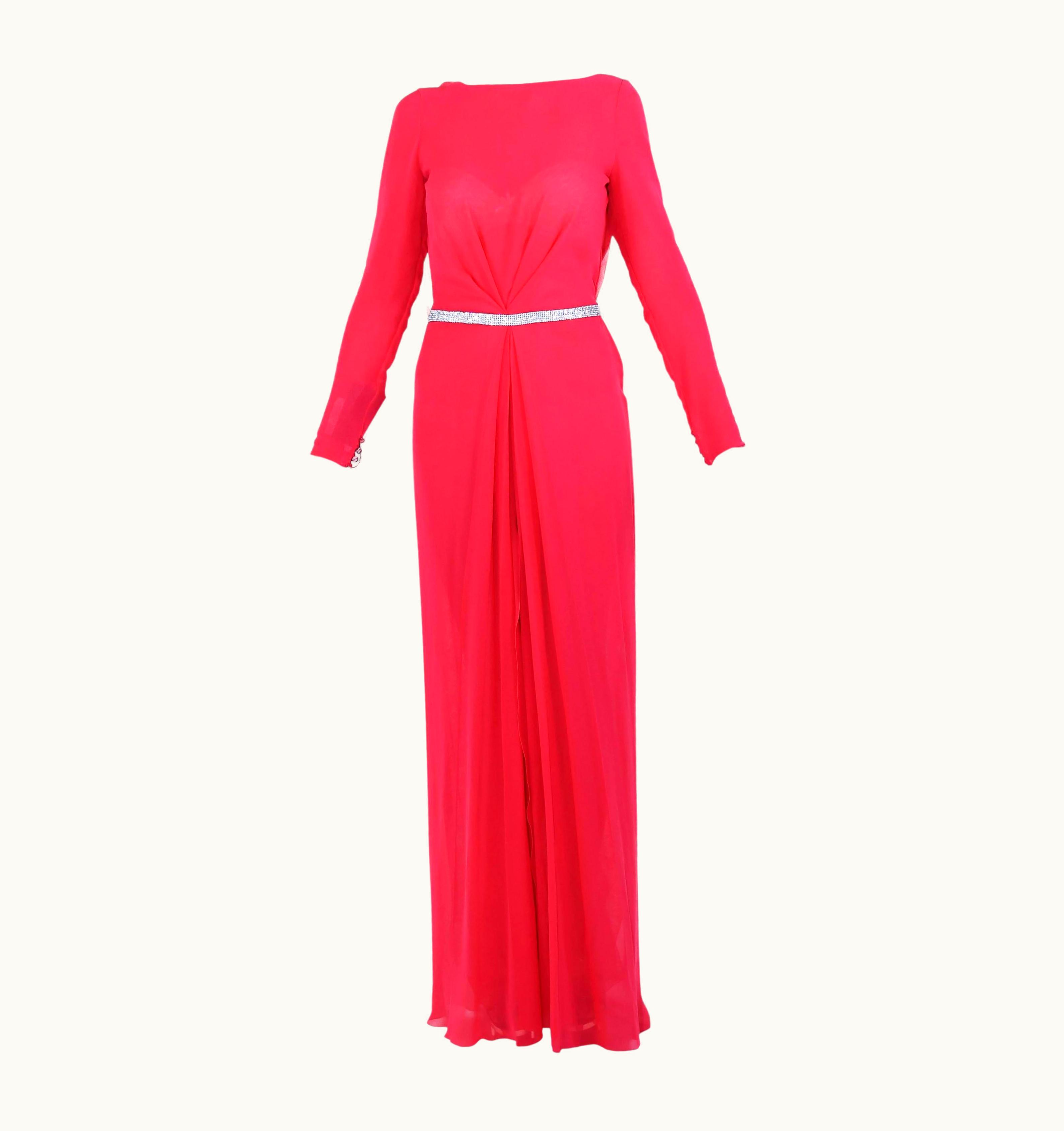 Gianni Versace Couture AW 2000 Vintage Gianni Versace Couture Pink Silk Lace Gown WS/S Crystal Belt Nwt
